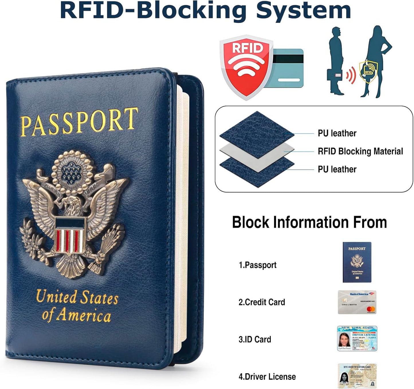 Passport Holder for Travel Men Women, RFID Blocking Passport Cover Leather Passport Wallet With 3D Metal Badge Waterproof Passport Case Travel Wallets Accessories Document Organizer (Navy Blue)