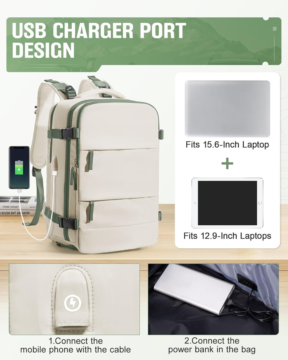 Vacuum Backpack Travel with Pump for Women,Flight Approved 18x14x8 inches,Travel Backpack with Vacuum System,15.6 Inches Laptop Bag,Rice White with Green