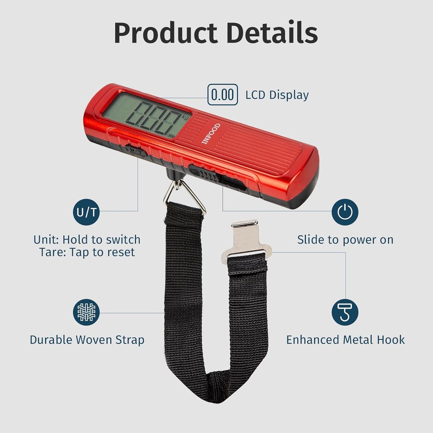 Battery-Free Digital Luggage Scale, Suitcase Scale for Travel, Portable Luggage Weight Scale with Hook & LCD Display for Luggages, Packages & Bags, 110lb/50kg Handheld Scale, Red
