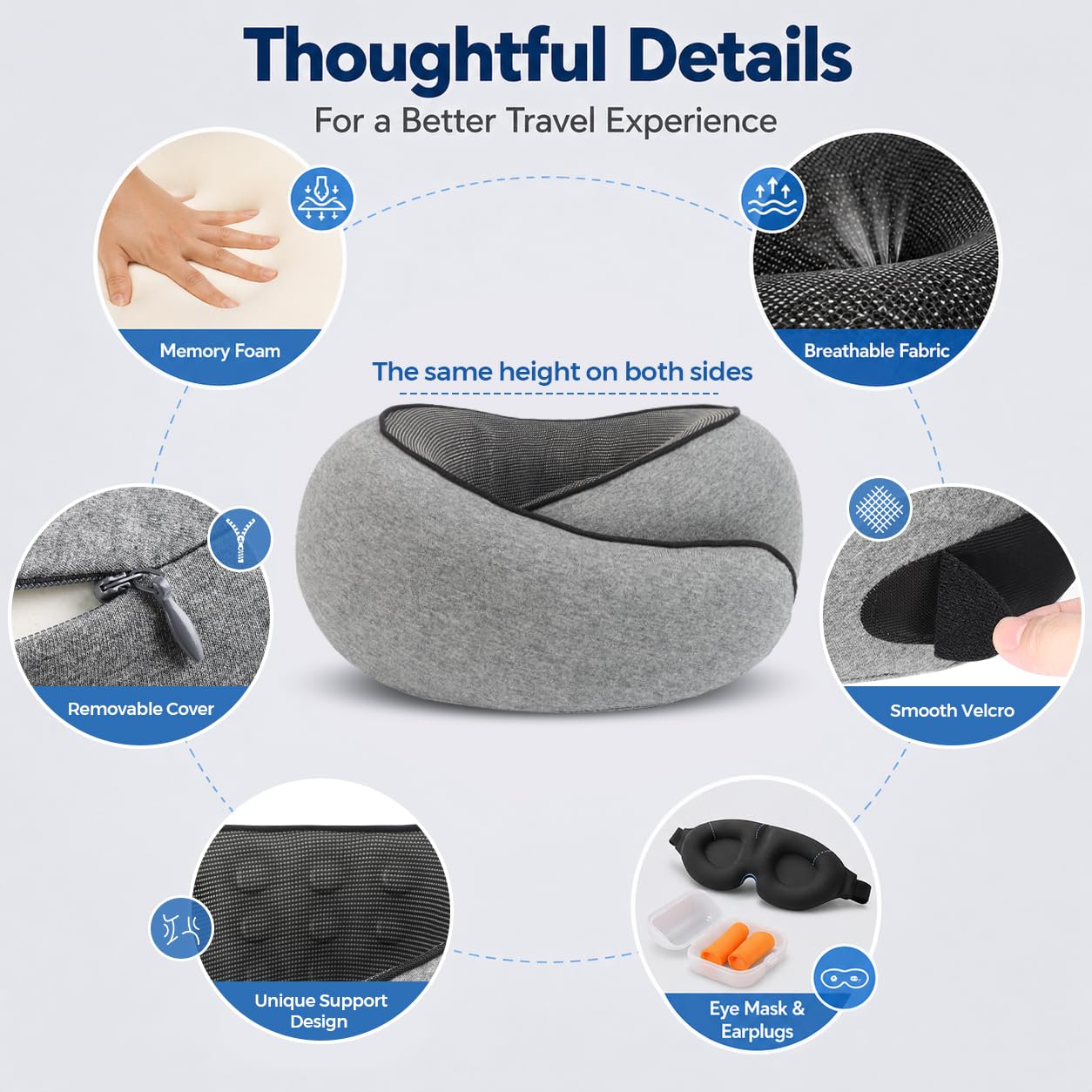 Purroch G-Shape Memory Foam Travel Neck Pillow, Medium Gray