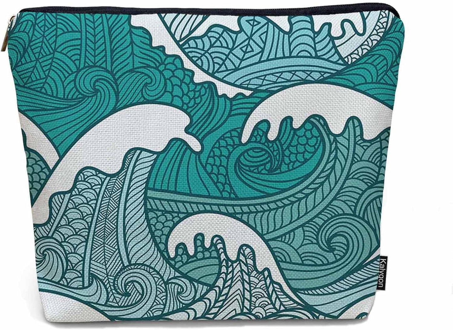 Women Makeup Organizer Bag Ocean Waves, Japanese Great Wave Ocean Sea Waves Flax Cosmetic Bag