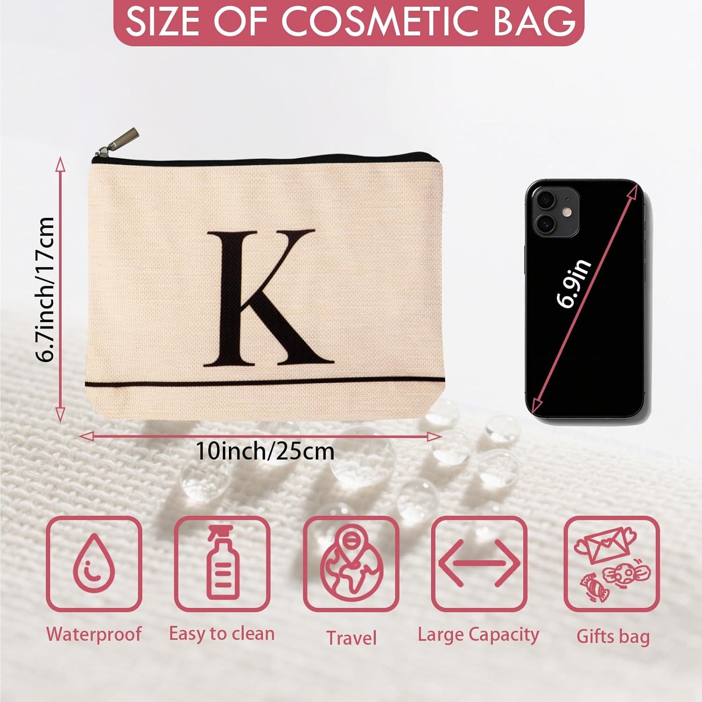 Letter A-Z Initial Personalized Makeup Bags, Birthday Gifts for Women, Monogrammed Gifts for Women Mom Sister Best Friend Bride Bridesmaid, Mothers Day, Christmas, Small Travel Cosmetic Bag (K)