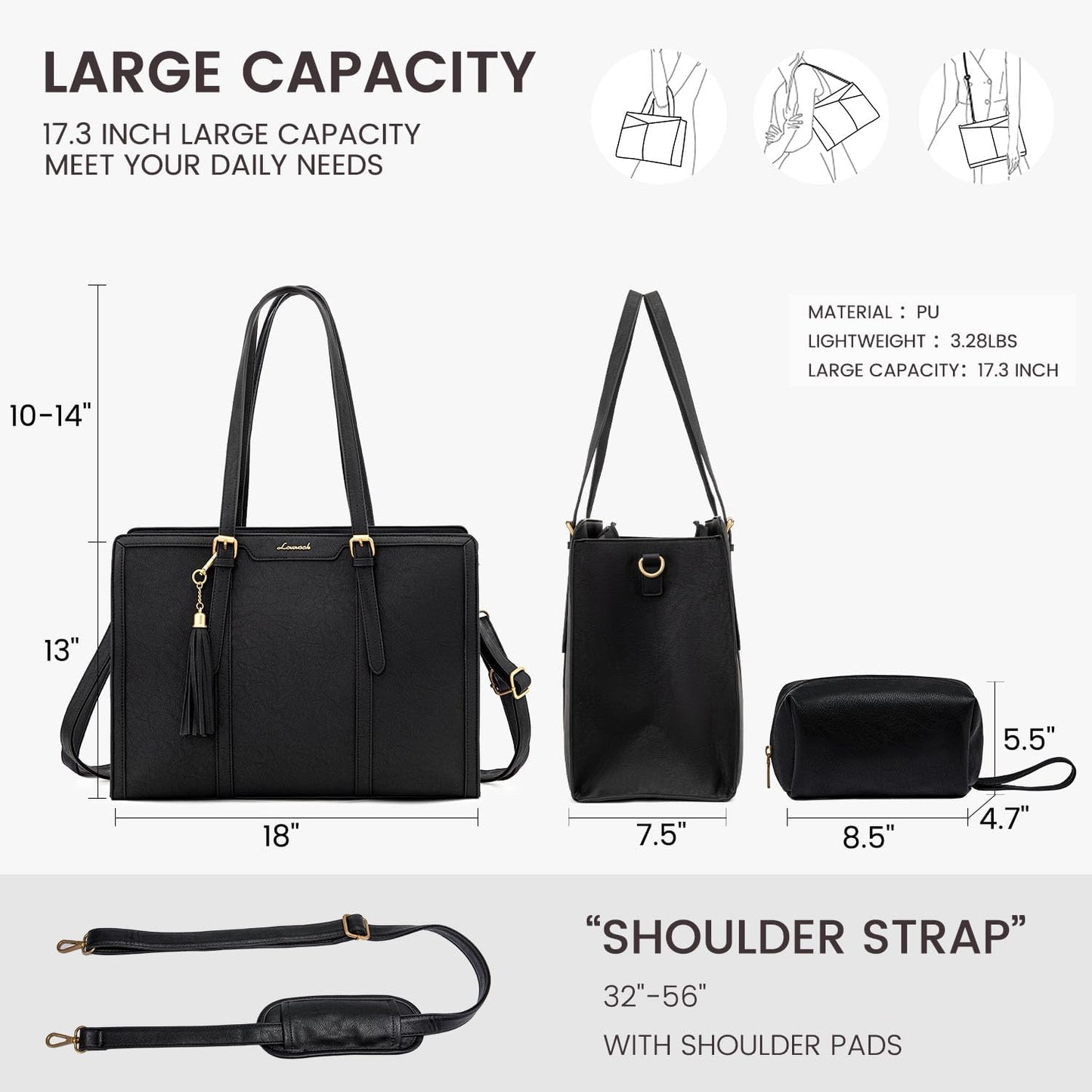 LOVEVOOK Laptop Bag for Women Vintage Leather Laptop Tote 17.3 inch Large Capacity Computer bag with Clutch Purse for Work
