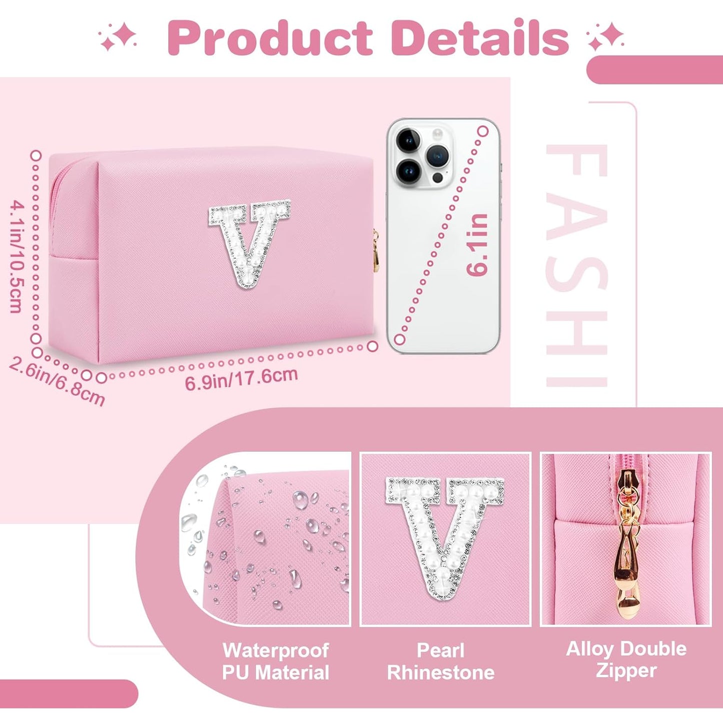 ChaoGreat Bride Gifts – Personalized Initial Makeup Bag with Pearl Rhinestone Patch, Preppy Pink