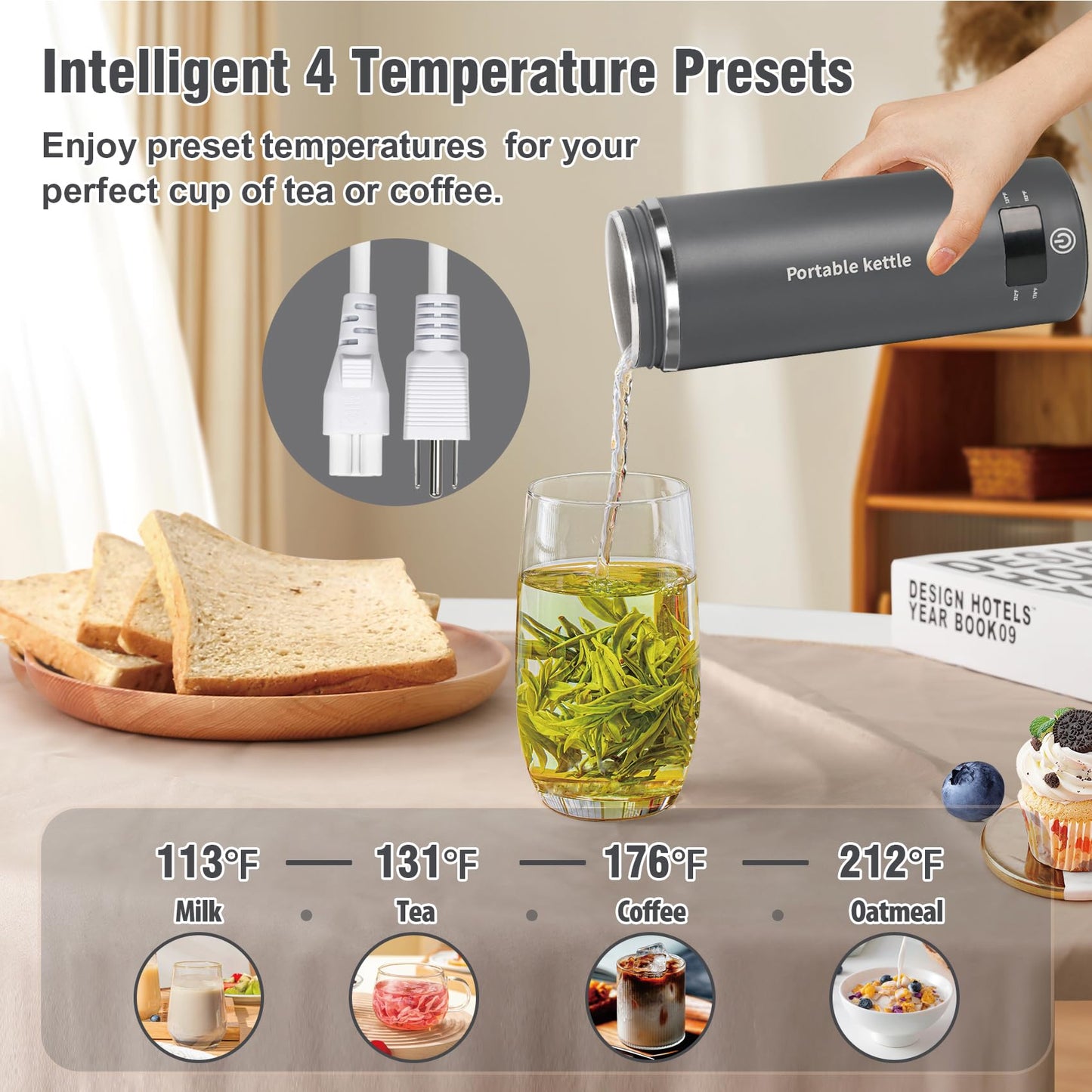 Touxila Portable Electric Kettle for Travel 120V, 13.5oz, 4 Temp Settings