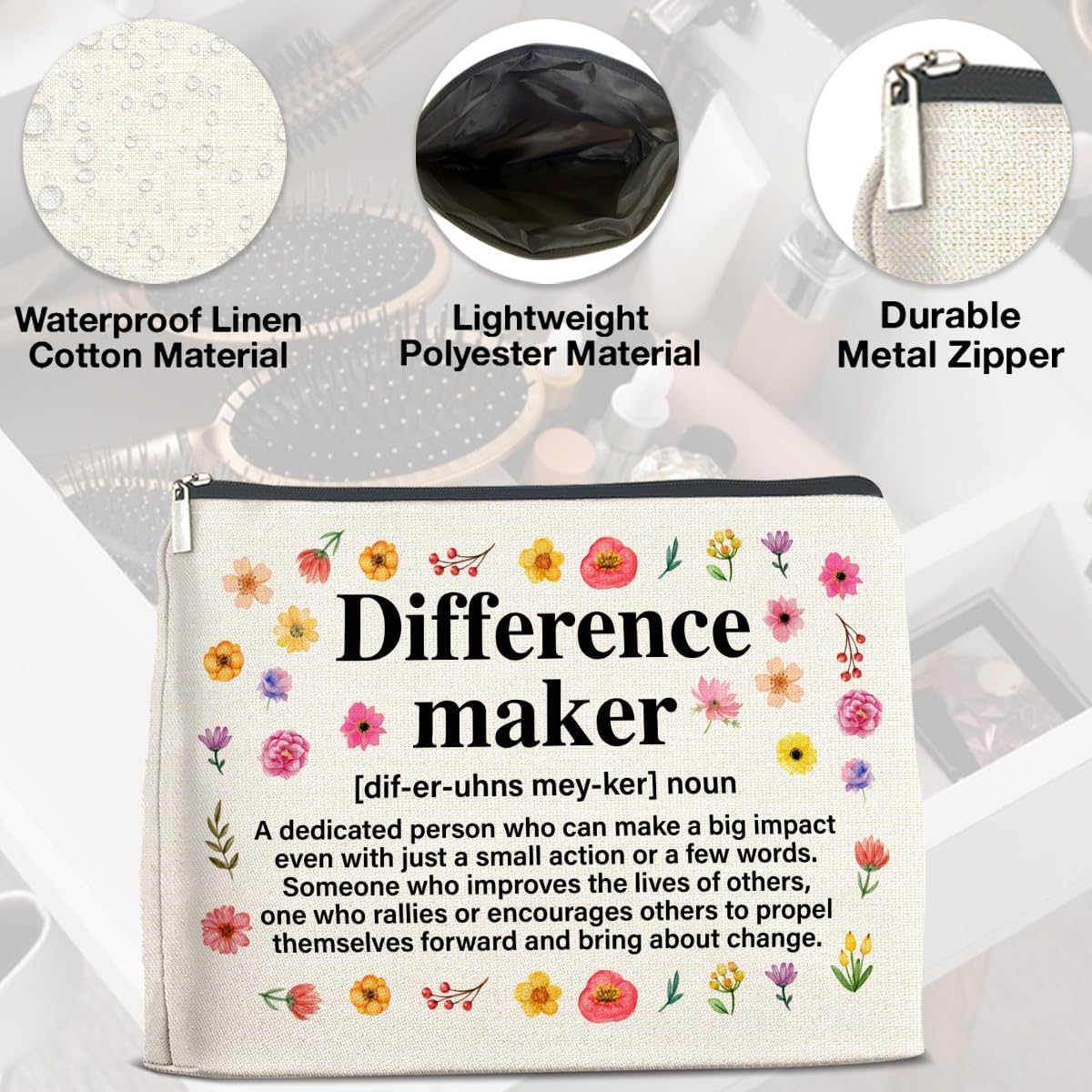 Difference Maker Gifts Makeup Bag, Thank You Appreciation Gifts for Women Teacher Boss Leader Coworker, Difference Maker Definition Zipper Makeup Pouch