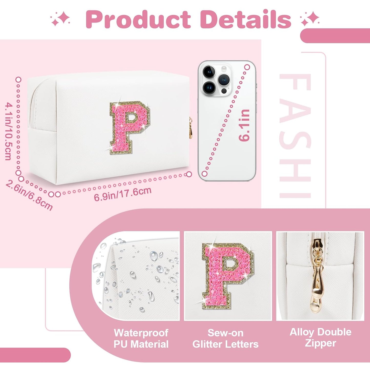Small Personalized Initial A-Z Patch Makeup Bag,White Cute PU Leather Glitter Letter Cosmetic Bag for Teen Girls,Travel Toiletry Bag with Zipper,Preppy Monogrammed Birthday Gift for Daughter Niece P