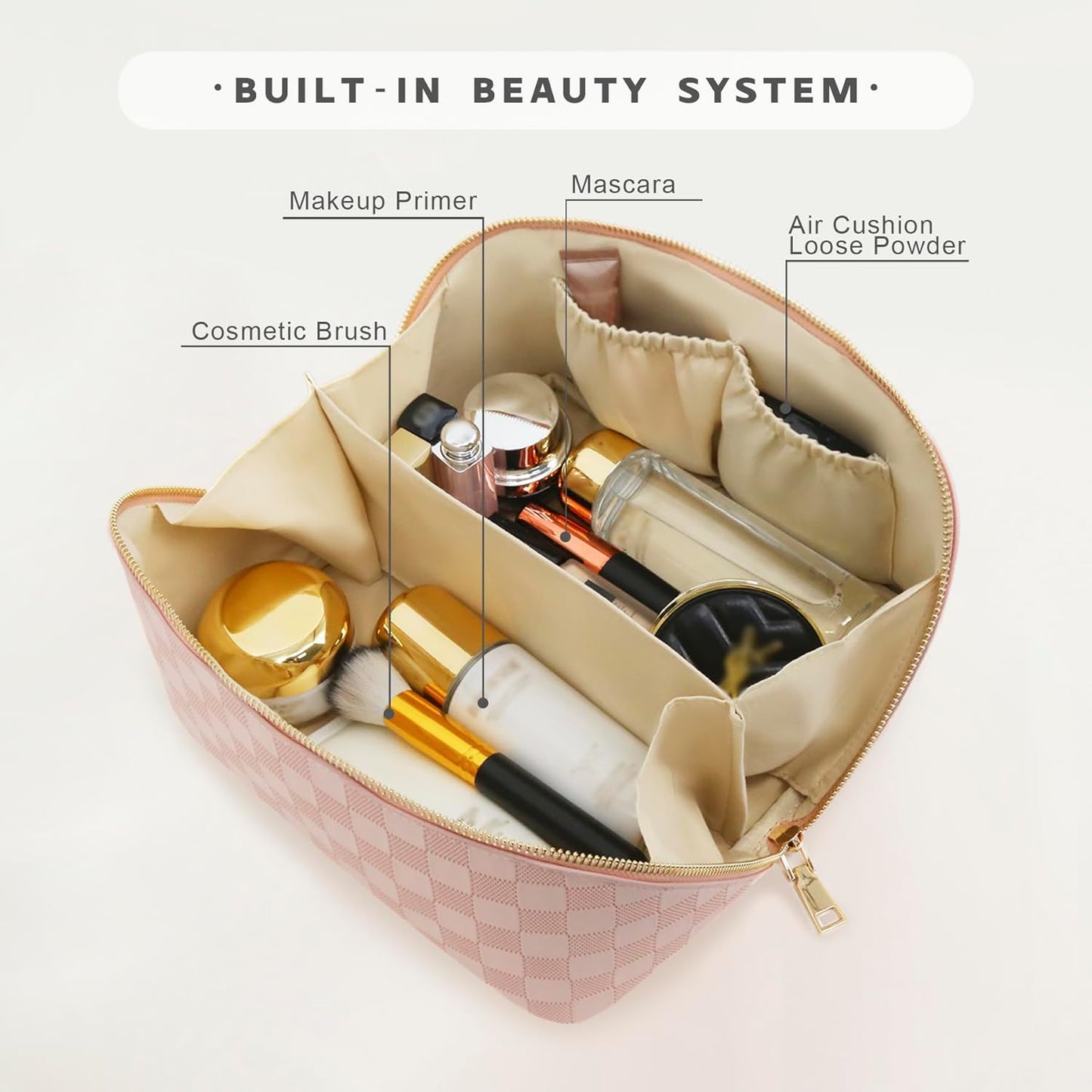 Travel Makeup Bag – Large Cosmetic Organizer with Waterproof PU Leather, Smooth Double Zipper &