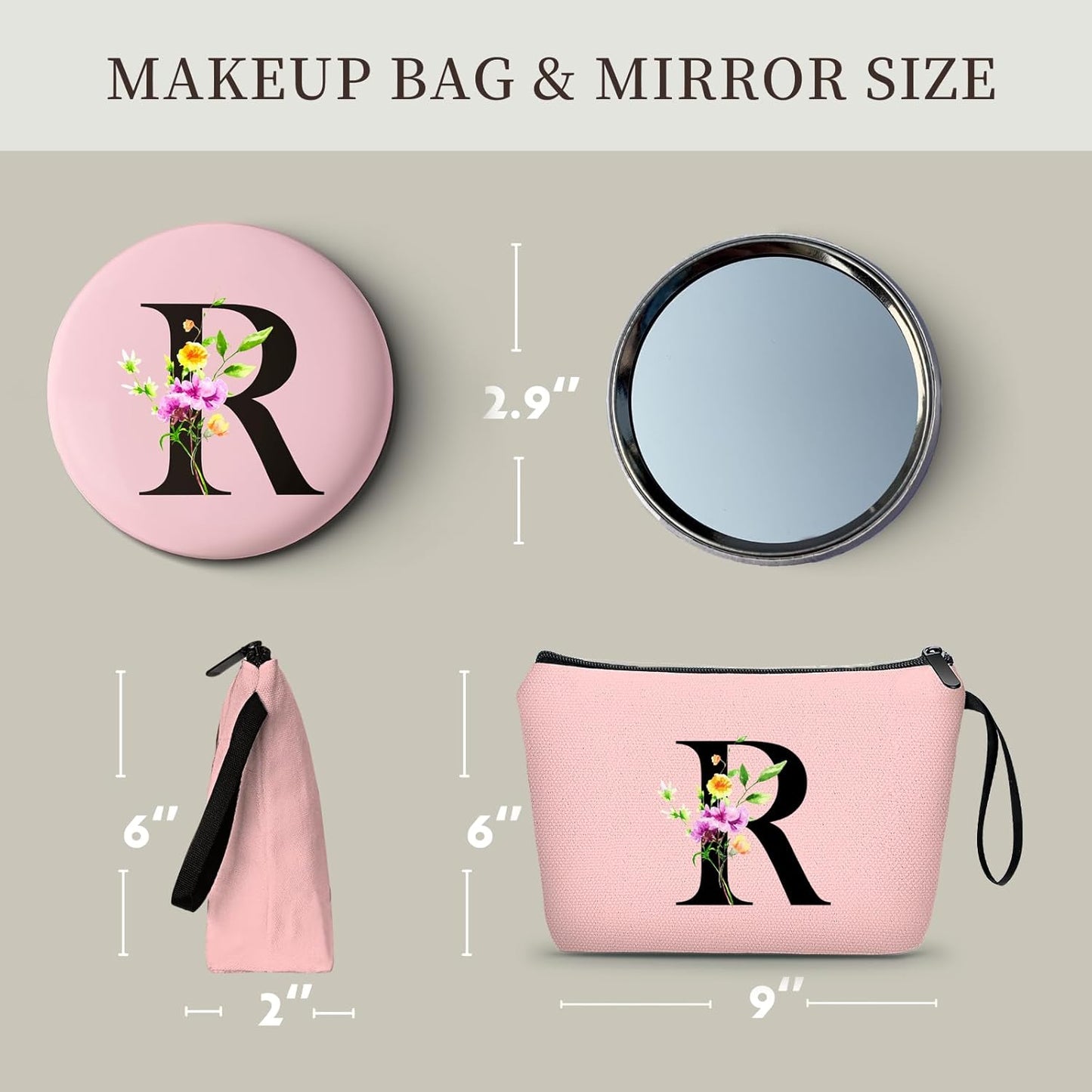 Women Birthday Maid of Honor Monogrammed Gifts for Bride Bridesmaid Sister Friend Her Teacher Makeup Cosmetic Bag with Mirror Mothers Day Christmas Graduation R