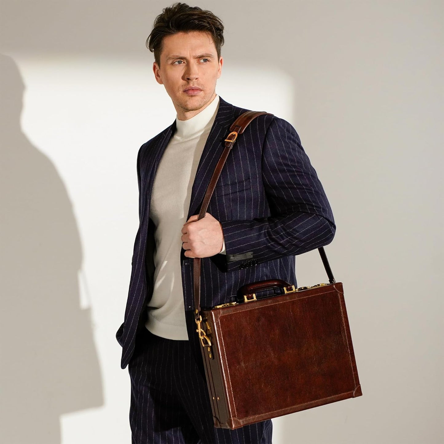 Time Resistance Leather Attache Case - Full Grain Italian Leather Briefcase - Laptop Bag up to 15” - Hard Case with Lock