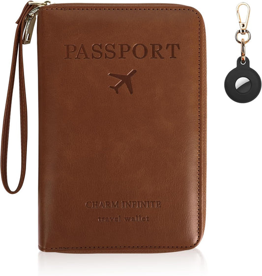 Passport Holder Wallet with Tracker Case, RFID Blocking PU Leather Passport Cover, Travel Document Organizer Wallet for Men and Women (Brown)