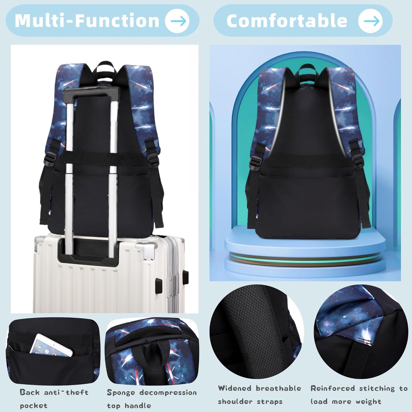 Galaxy Kids Backpacks for Boys School, Water-resistant Boys Backpacks Middle School Bags, Black-blue