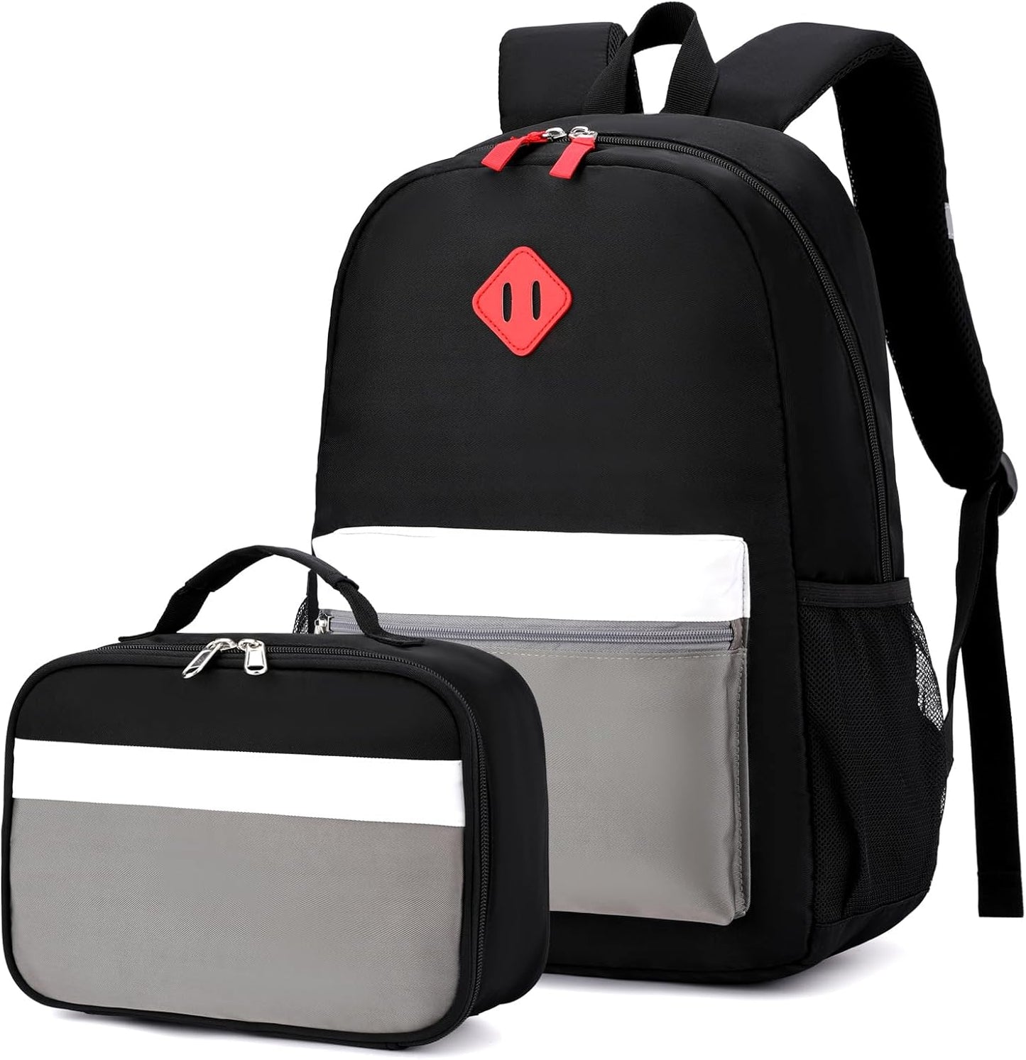 Backpack Set for Girls Boy Kids Backpack with Lunch Box for Elementary Primary Kindergarten School Bag (Black Grey Set, Large)