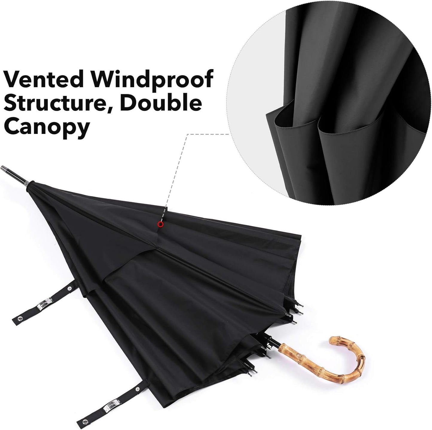 ZEKAR Wood/Bamboo J-Handle Premium Stick Umbrella | 54 & 62 inch | Windproof Large Classic Rain for Men Women | Unique UK Style | 300T Fabric