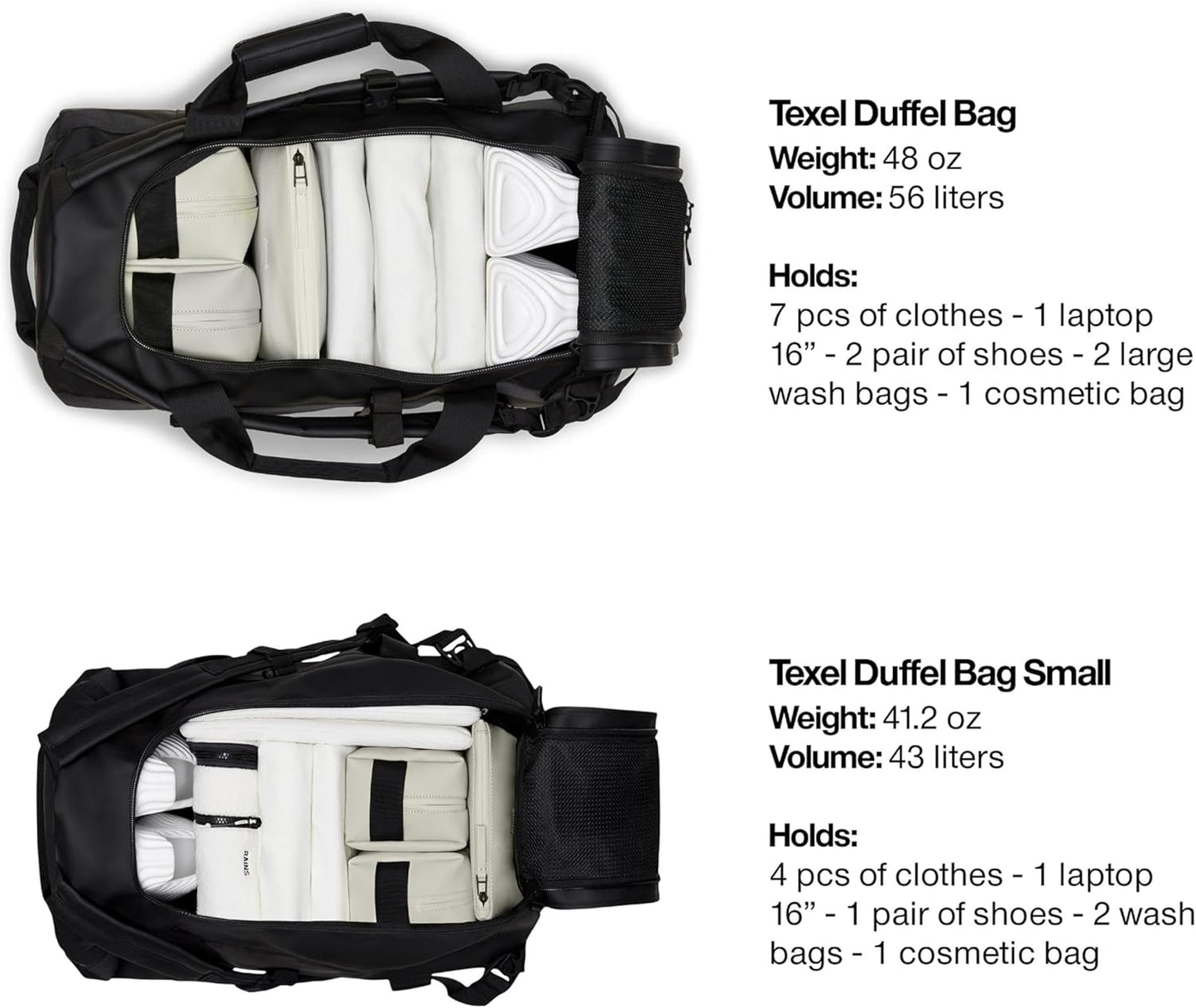 RAINS Texel Duffel Bag - Waterproof Black Large Travel Bag with U-Shaped Zip Closure, Compression Straps, Mesh Pockets, and Padded Carry Handles - 2 Year Warranty