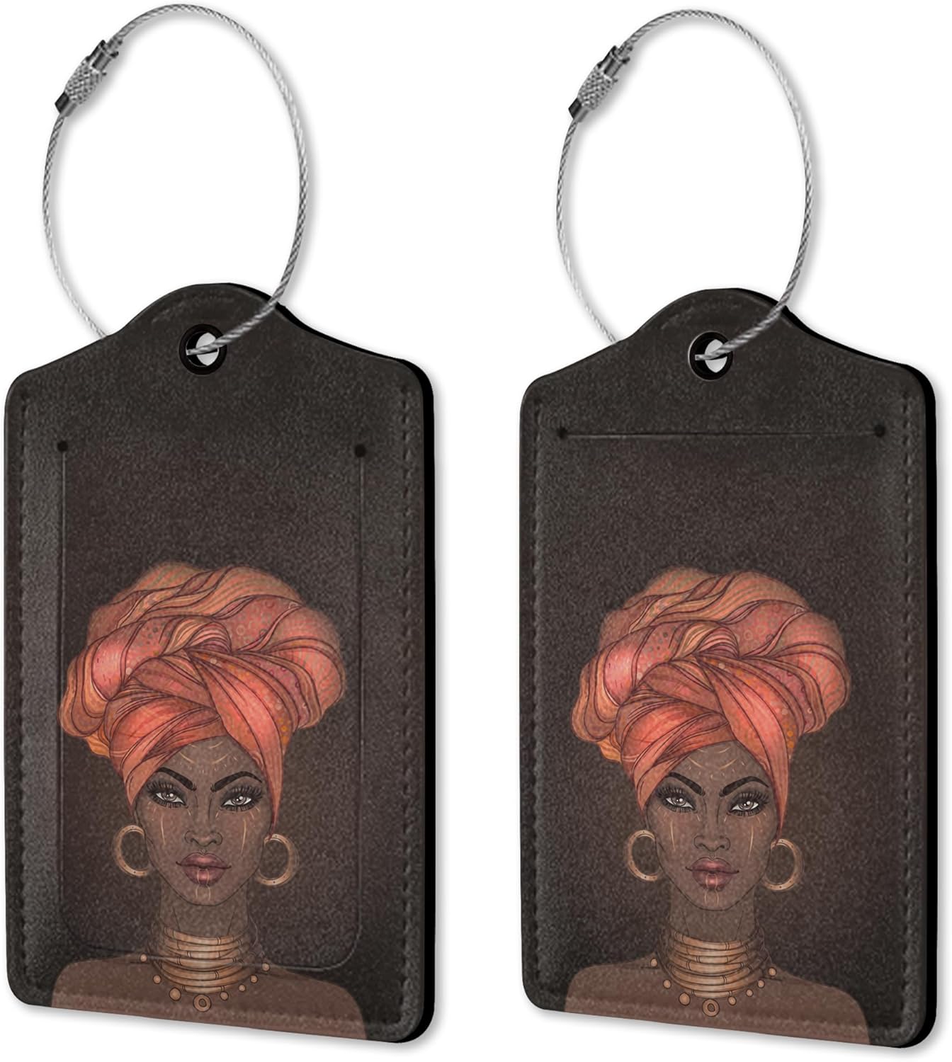 Luggage Tags for Suitcases, 2 Pack Black Women Luggage Tag, African Art Luggage Tag Leather Stainless Steel Loop Label Tag for Men Travel Bag Suitcase