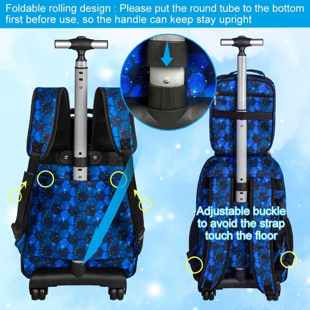 WZLVO 3PCS Rolling Backpack for Boys, 21 Inch Dinosaur Roller School Bookbag with Lunch Bag, Water Resistant Wheeled Backpacks for Teens Boys Elementary Travel