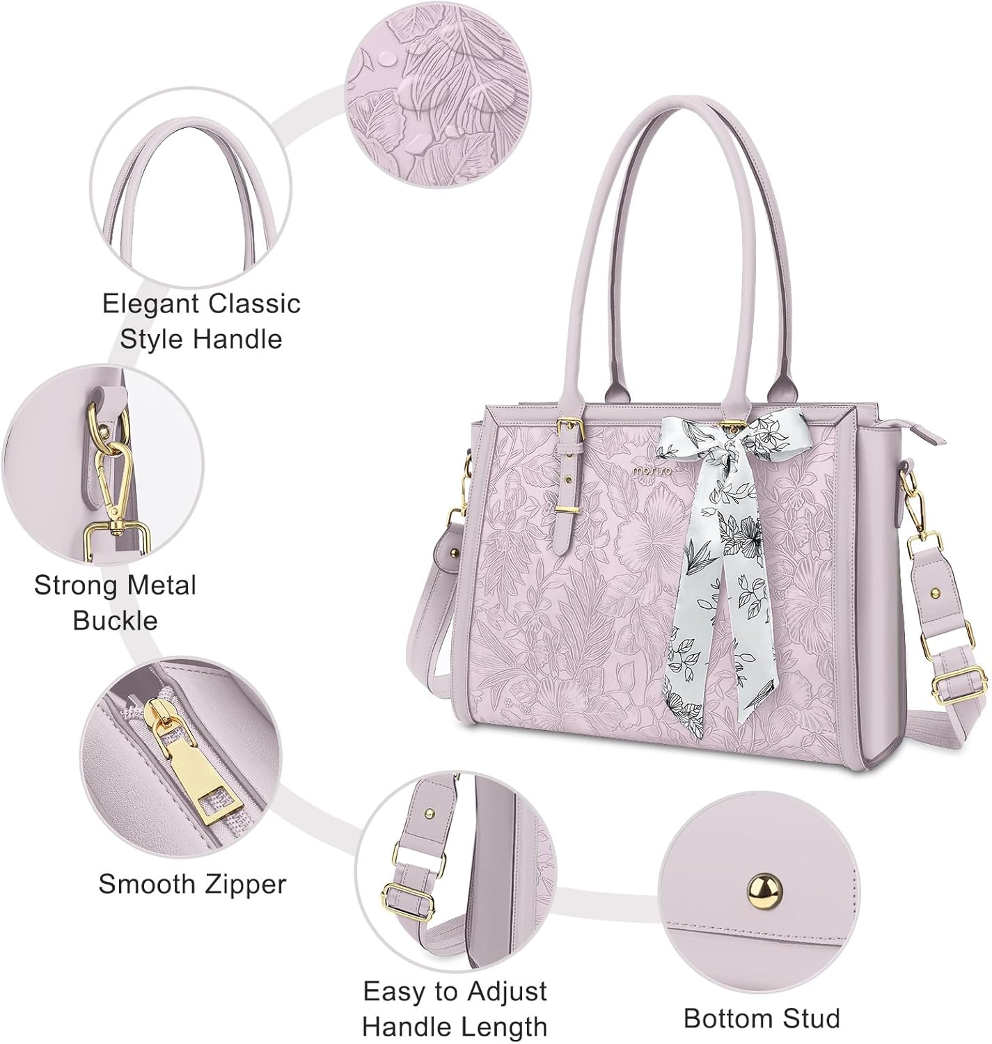 MOSISO Laptop Bag for Women, PU Leather Tote Bag, Front Embossed Retro Hibiscus Computer Bags with