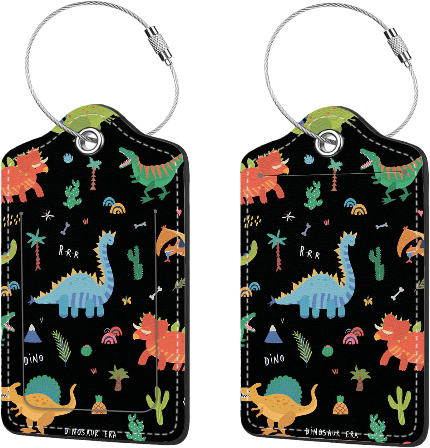 2 Pcs Luggage Tags for Suitcase, Cute Unique PU Leather Travel Bag Tag with Privacy Cover ID Label Address Card and Durable Metal Ring Suitable for Men Women Children Backpack,Dinosaurs