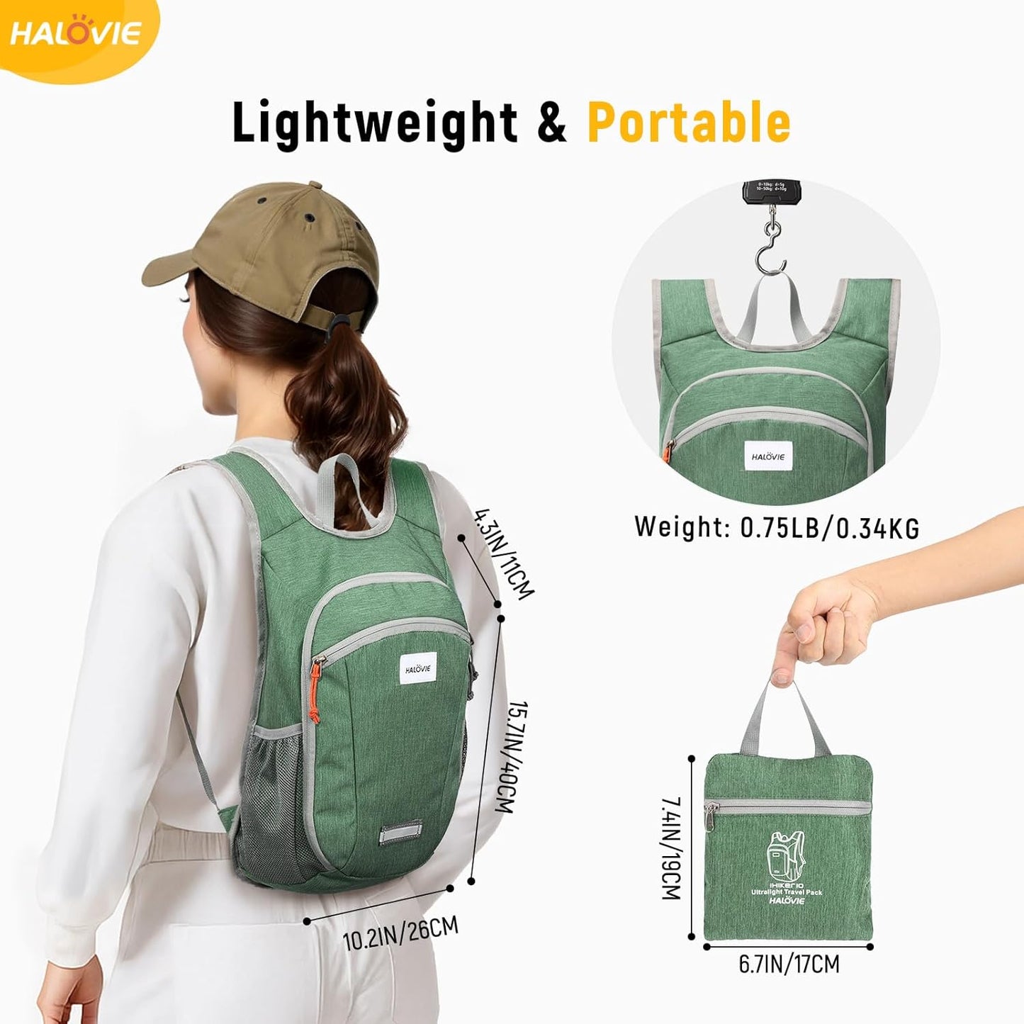 HALOVIE Small Hiking Backpack 10L Packable Lightweight Daypack Foldable Travel Back Pack for Women Men(Green)