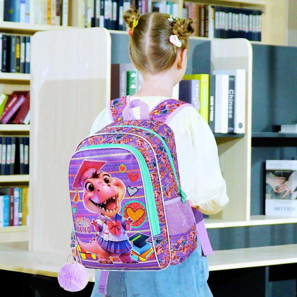 3PCS Girls Dinosaur Backpack, 16" Kids Bookbag with Lunch Box, Water Resistant Elementary Prechool