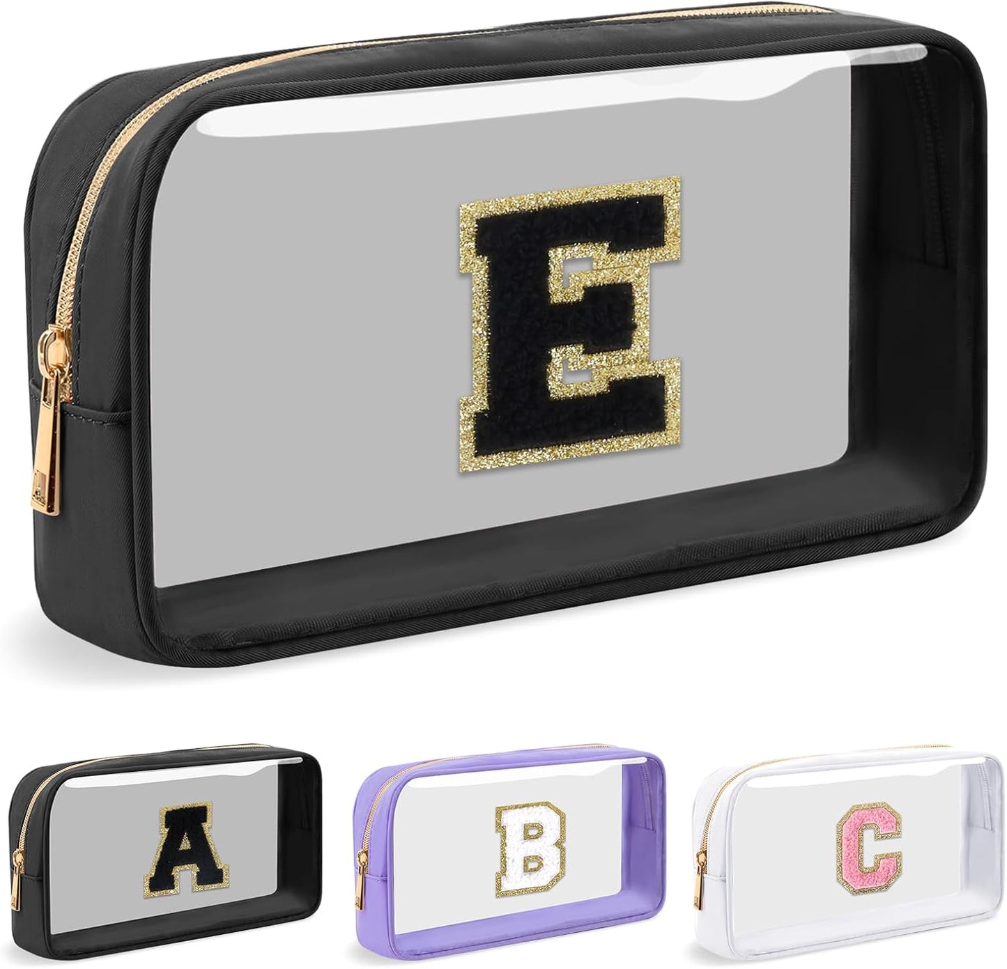 Personalized Initial Letter Clear Makeup Bag,Preppy Small Nylon&PVC Cosmetic Zipper Bag with Chenille Letter,Travel Skincare Toiletry Bag,Monogram Christmas Gift for Teen Girls Women,E