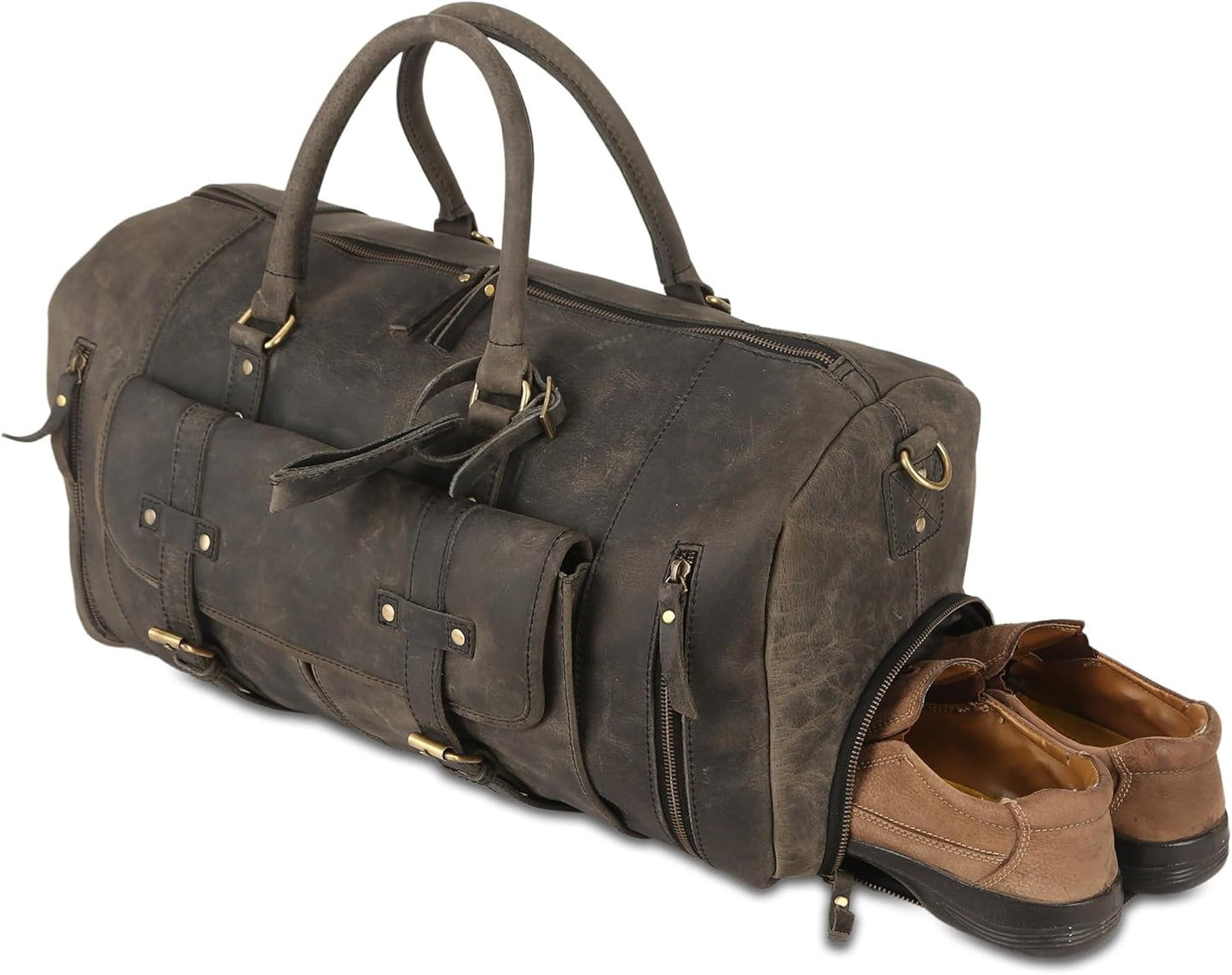 KomalC 24 Inch Leather Duffel Bags for Men and Women Full Grain Leather Travel Overnight Weekend Leather Bags Sports Gym Duffle for Men (Charcoal Black With Shoe Pocket), Brown