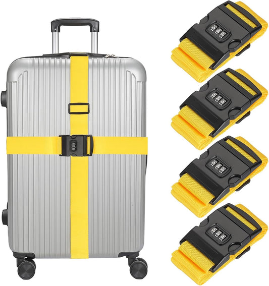 MECCANIXITY Luggage Straps with Combination Lock Adjustable Suitcase Belt Strap for Suitcase Briefcase Backpack Travel, Yellow, Pack of 4
