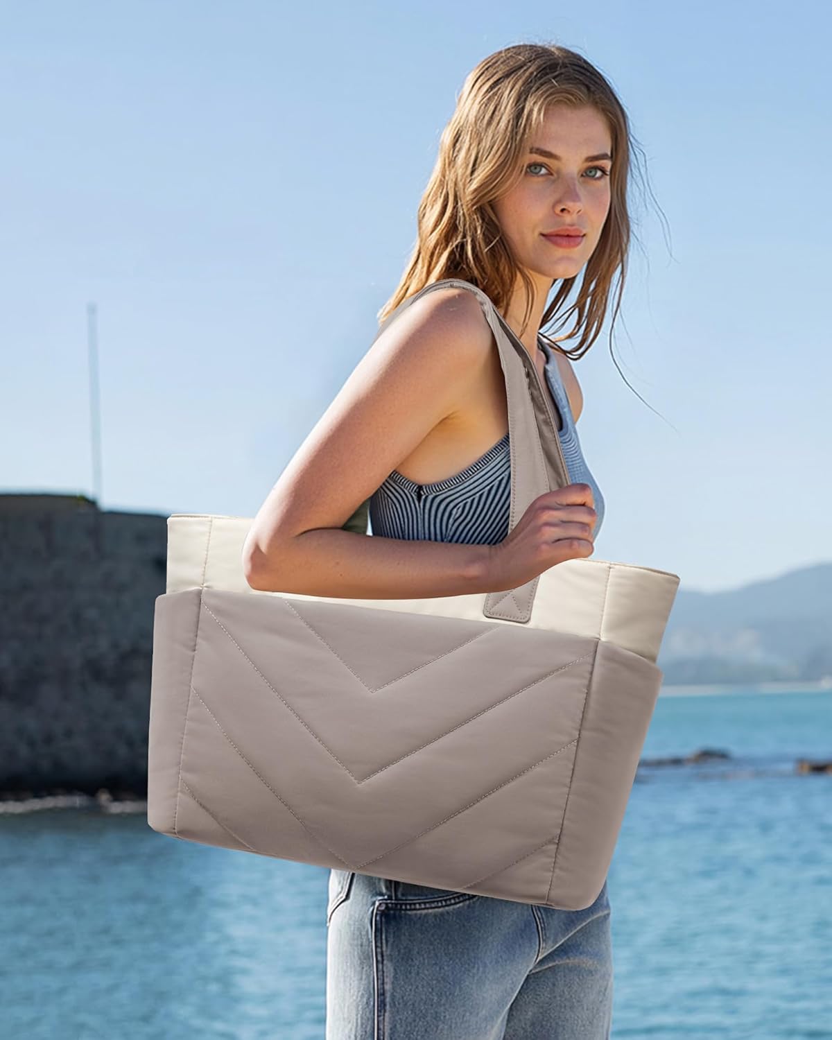 LOVEVOOK Tote Bag for Women, Puffer Work Travel Handbag with Zipper for Teacher Nurse, Quilted Cute Laptop Shoulder Gym Bag