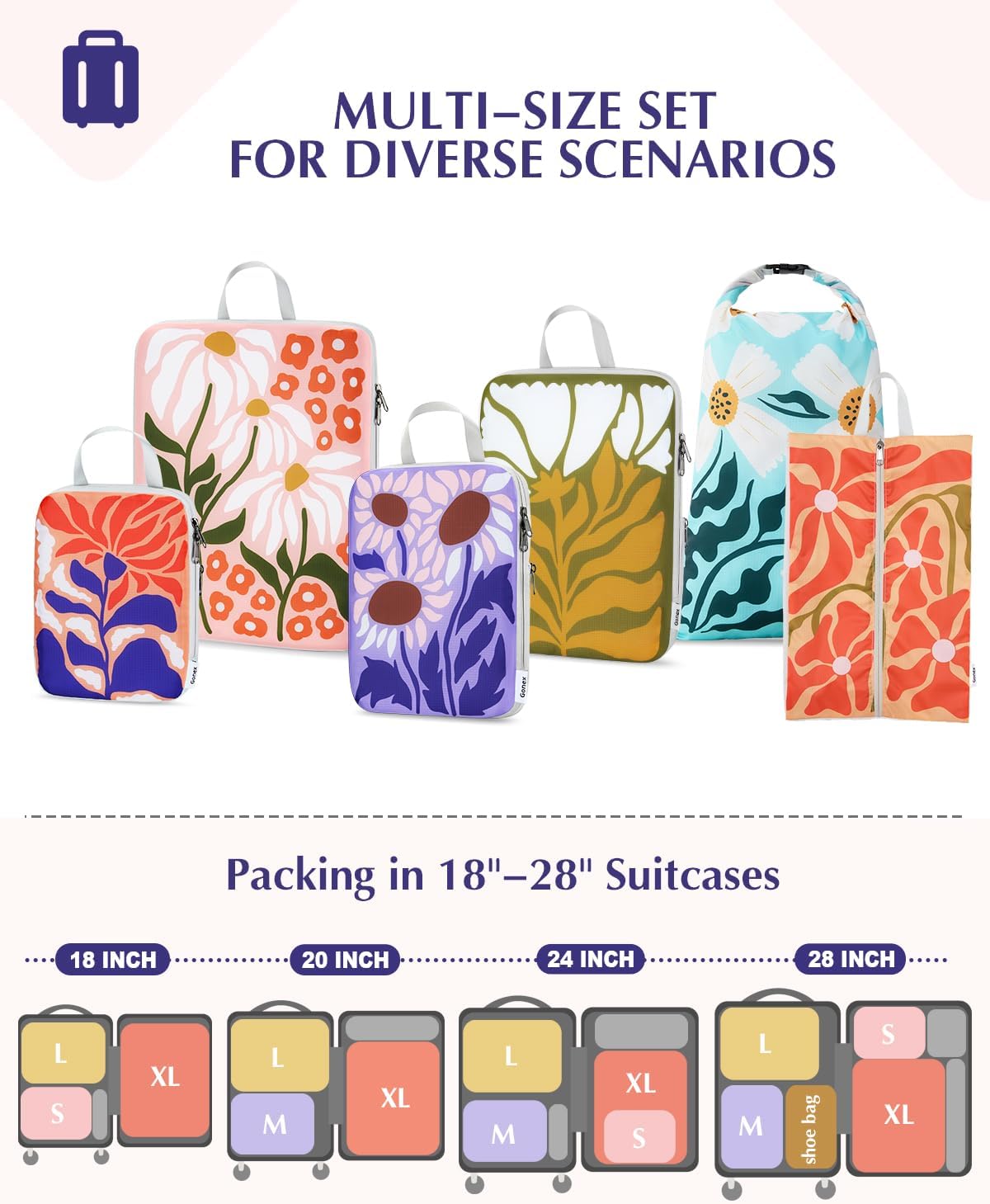Gonex Compression Packing Cubes, 6pcs Expandable Storage Travel Luggage Bags Organizers with Shoe Bag Laundry Bag, Travel Cubes for Suitcase Carry On (Flowers)
