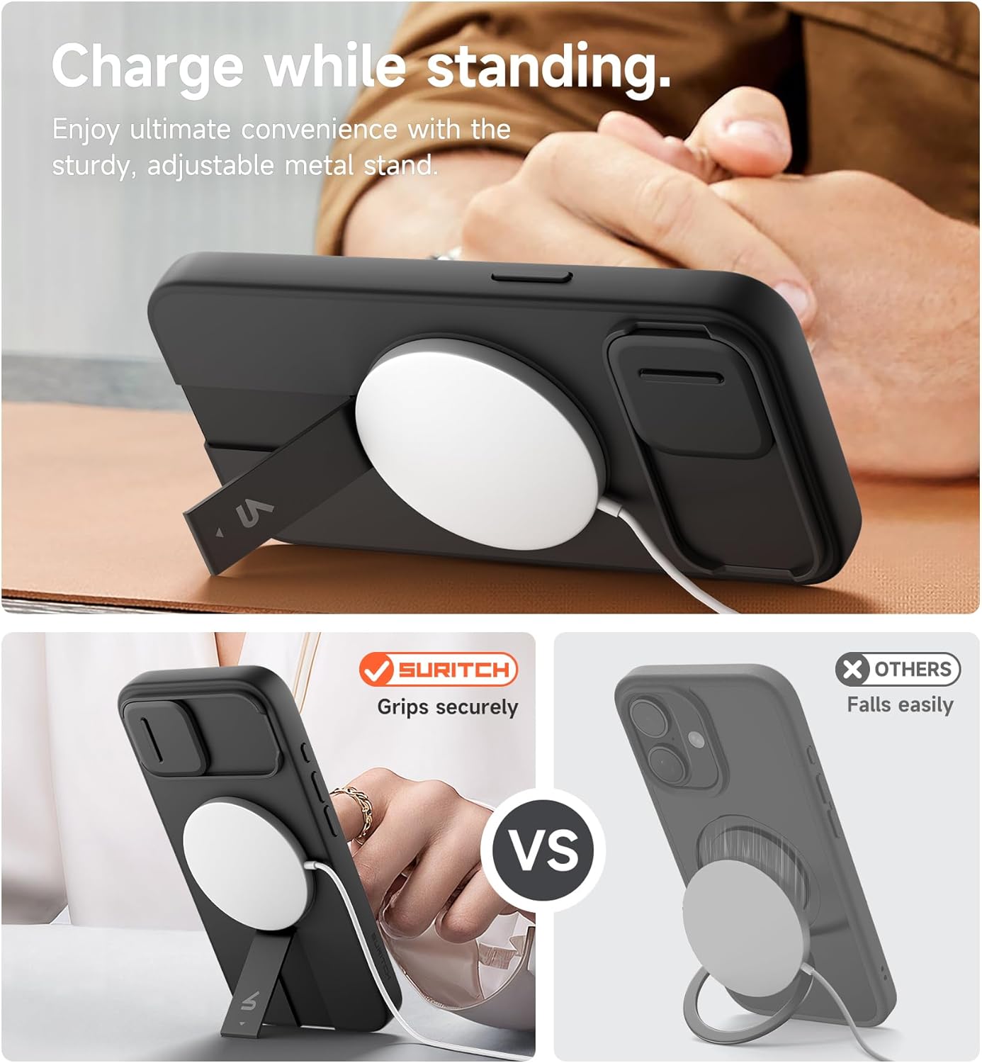 SURITCH for iPhone 16e Case with Magnetic Camera Slide Cover and Adjustable Kickstand, Compatible with MagSafe, Shockproof Bumper Case Slim Protective Cover 6.1 Inch,Black