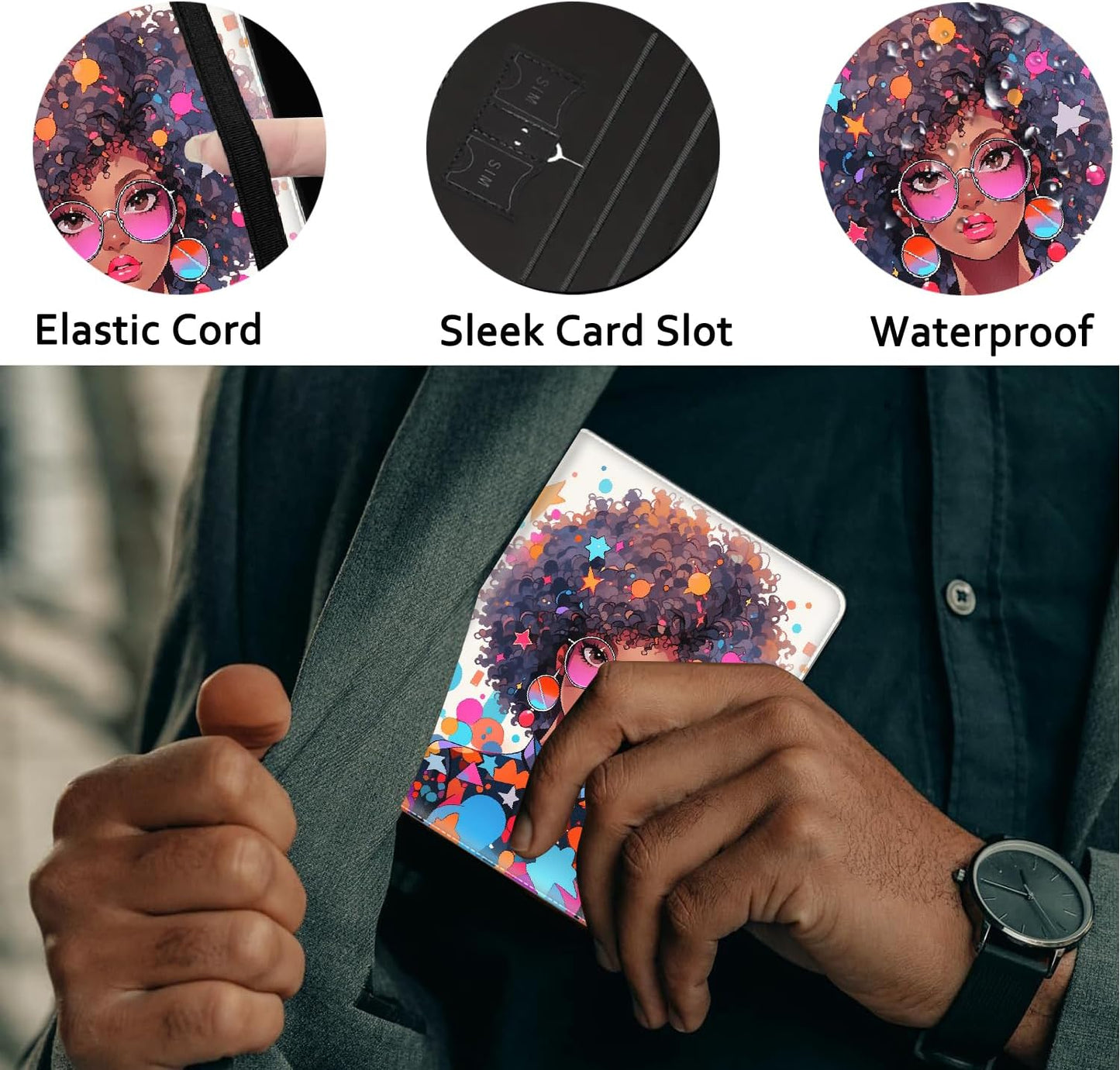Passport Holder Women Wallet with Luggage Tag, Leather Passport Cover with RFID Blocking, Travel Accessories Multi Card Slot Passport Case for Men，Afro African Girl Color