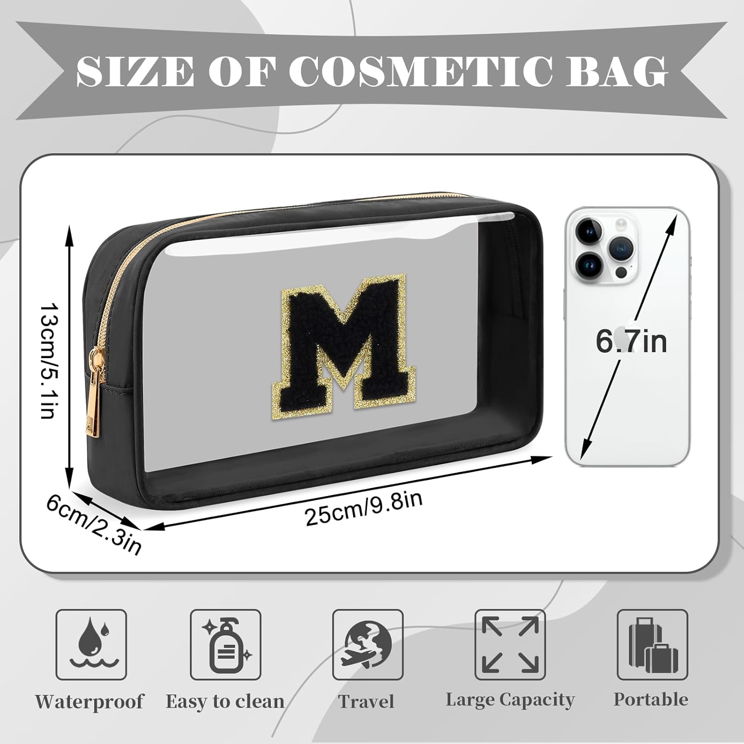 Personalized Initial Letter Clear Makeup Bag,Preppy Small Nylon&PVC Cosmetic Zipper Bag with