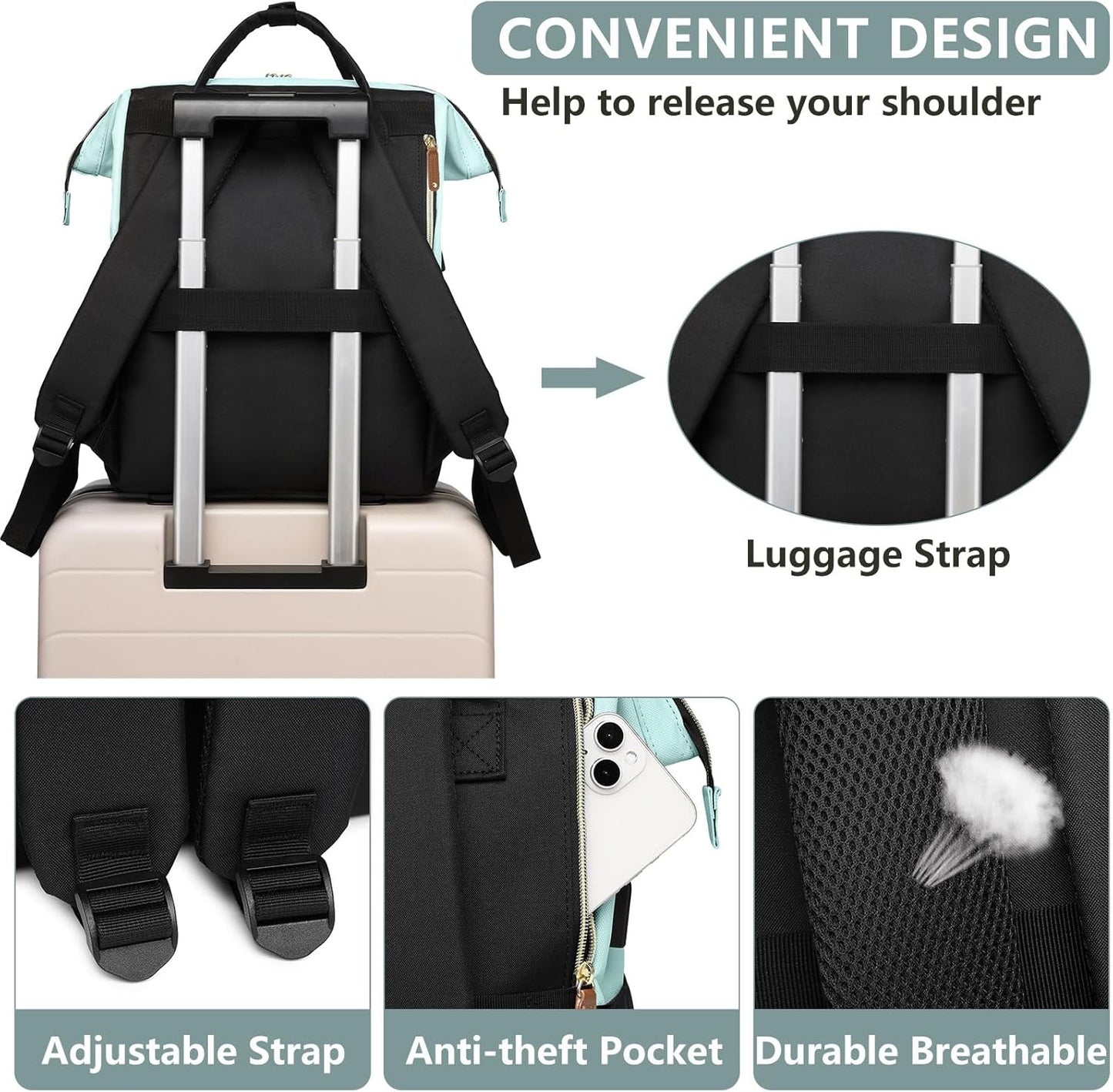 Laptop Backpack for Womem Work Bags: 15.6 Inch Travel BackPacks With USB Charging Port Durable Back Pack Anti Theft Fashion College BookBag Purse Bussiness Daypack for Nurse Teacher Light Blue Black
