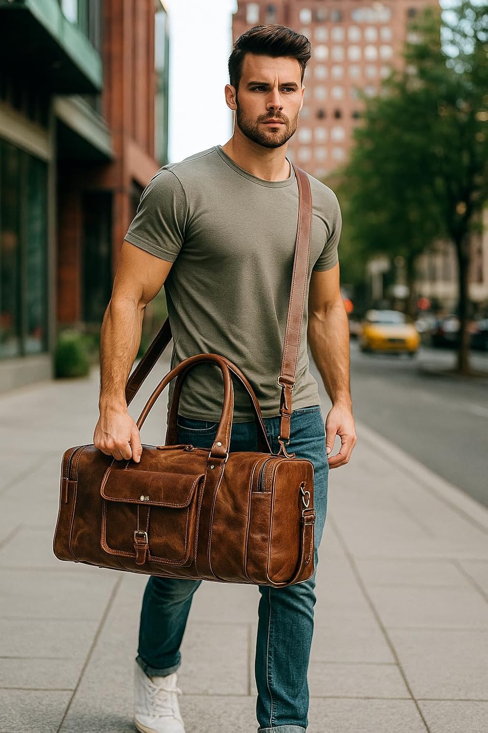 Leather Duffel Bag for Men & Women, Genuine Weekender Travel Bag, Handmade Overnight Gym Bag with Shoulder Strap, Carry-On for Business & Outdoor Travel (Asher Duffel, Light Brown, 22 Inch)