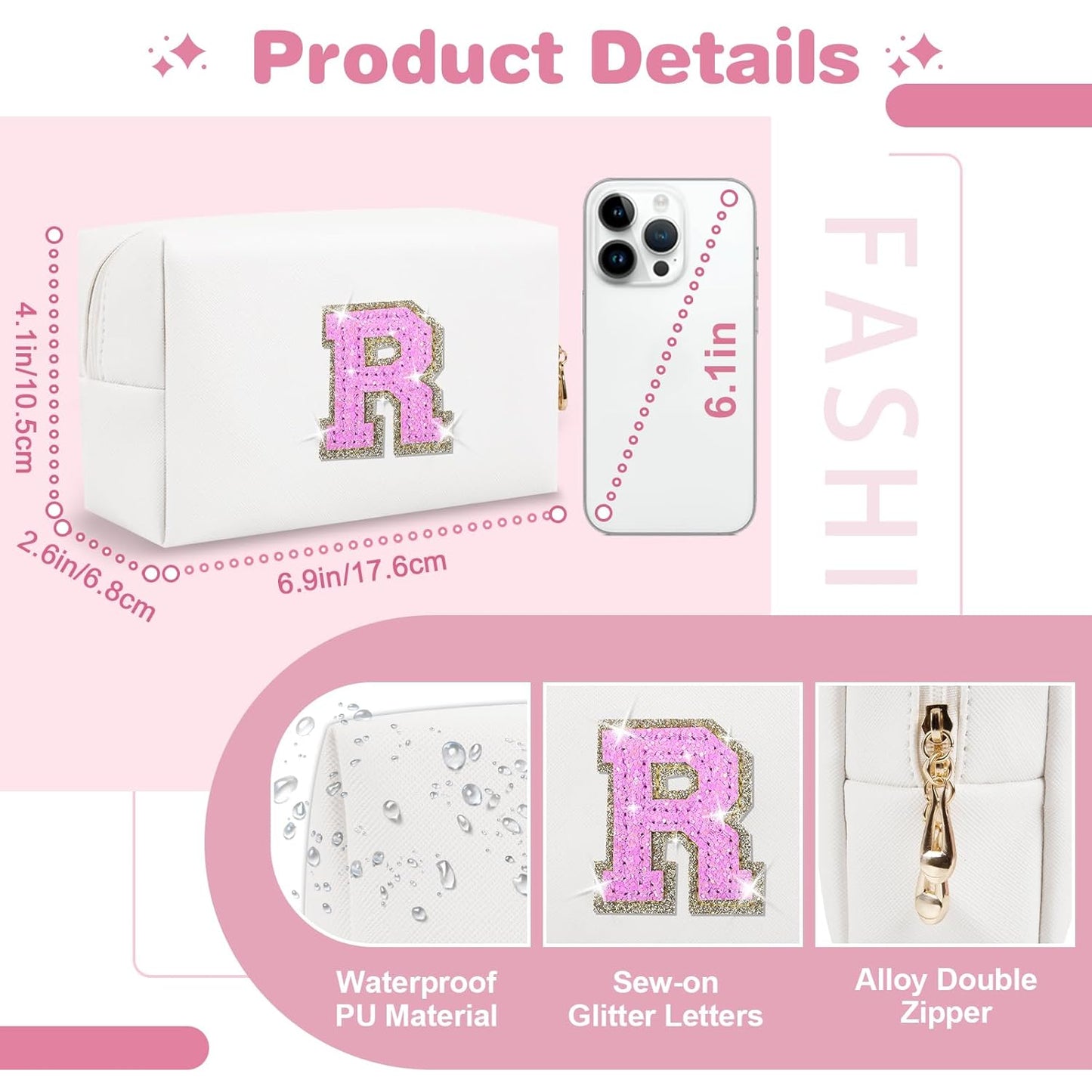 Small Initial Patch Makeup Bag Personalized Gifts Make Up Bag,White Cute PU Leather Glitter Letter Cosmetic Bag with Zipper,Trendy Portable Travel Toiletry Pouch,Preppy Stuff for Teen Girls Women R