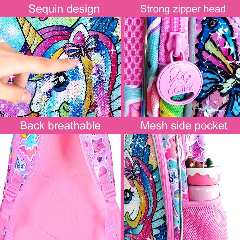 3PCS Unicorn Backpack for Girls, 16" Kids Bookbag with Lunch Box，Sequins School Bags for Elementary Preschool Kindergarten (Pink)