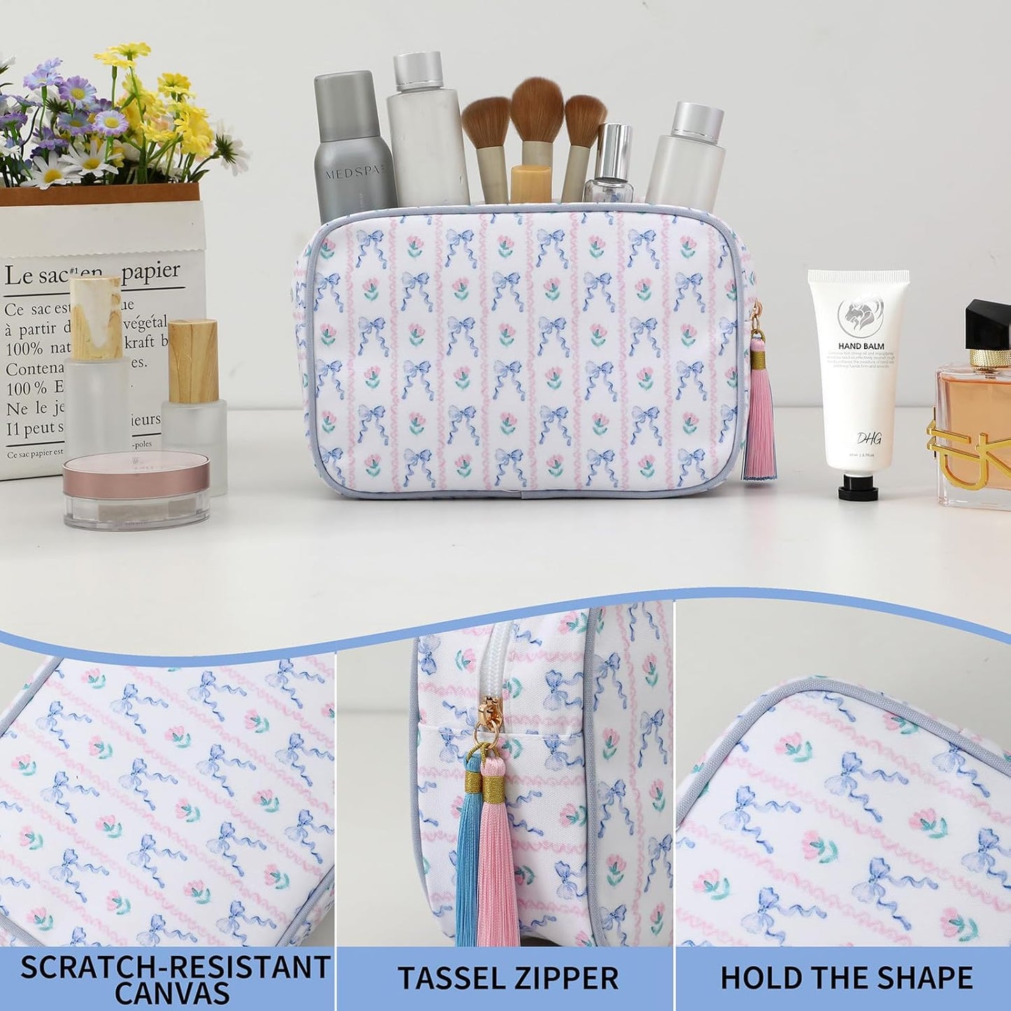 Stripe Makeup Bag Travel Cosmetic Bag Organizer Tassel Toiletry Bag Large Canvas Zipper Pouch and Accessories Storage Bag for Women