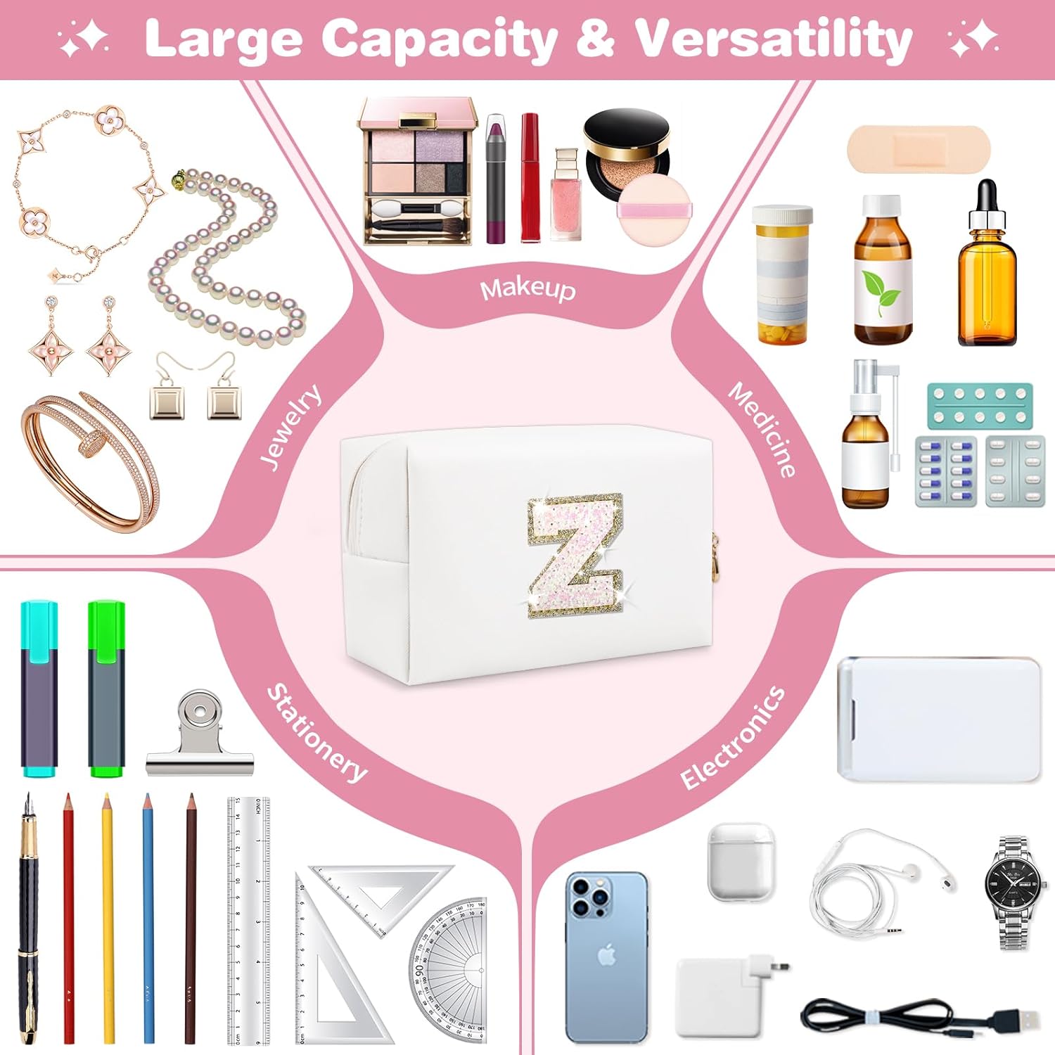 Small Initial Patch Makeup Bag Personalized Gifts Make Up Bag,White Cute PU Leather Glitter Letter