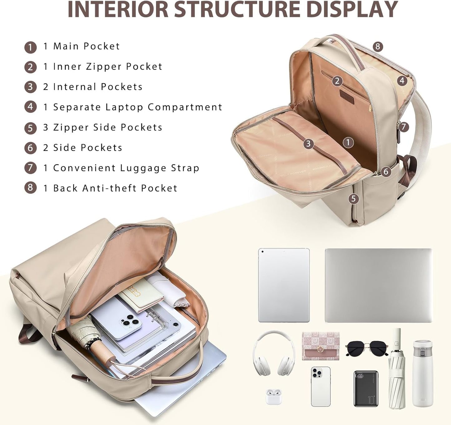 Laptop Backpack for Women, Work Business Traval Computer Backpacks with Laptop Compartment Waterproof Casual Daypack for Travel College,16Inch,Apricot