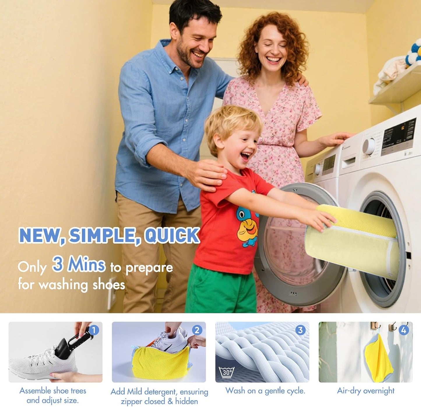 Shoe Bag for Washing Machine - Reusable Sneaker Tennis Shoes Cleaner Bag with Laces & Insoles All-in-One Cleaning Pockets No Tangling, Home Travel Laundry Shoe Bag w/Shoe Trees Keep Shape, Yellow 2pcs