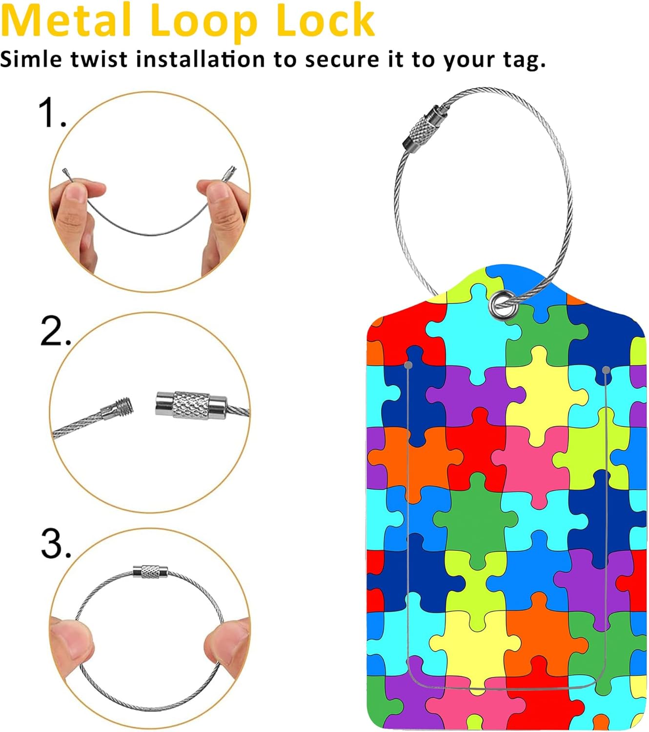 2 Pack Luggage Tags for Suitcases,Puzzle Background Luggage Tag,PU Leather Id Label Luggage Tags with Stainless Steel Loop and Privacy Cover for Women Men Teens Travel