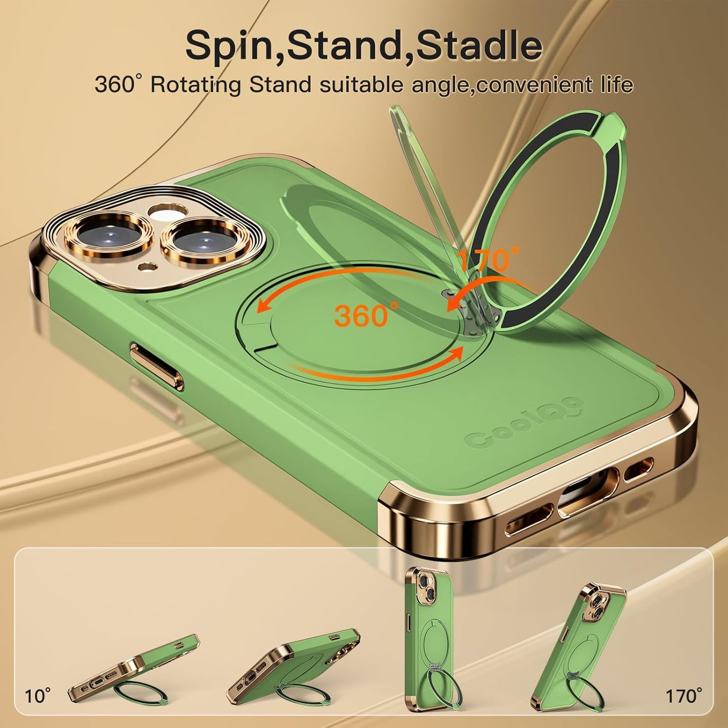 COOLQO for iPhone 15 Case 6.1'' Upgraded 360° Spin Magnetic Stand [Compatible with Magsafe][Military Protection] Plating Matte Scratch-Resistant Back Protective Shockproof Phone Case, Matcha Gold