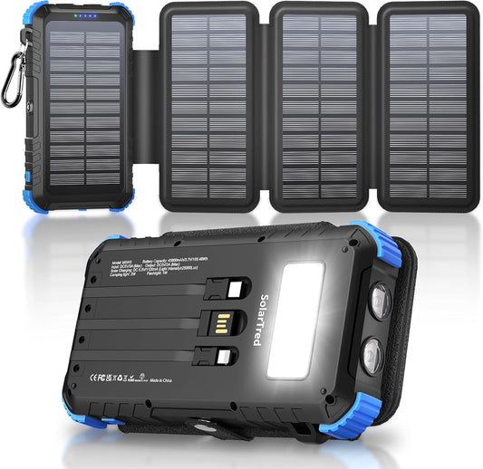 Solar Power Bank 45800mAh with 4 Panels, Portable Solar Charger with Build-in 3 Cables for iPhone, USB C in/Output 15W Fast Charging External Battery Pack with Flashlight & Camping Light