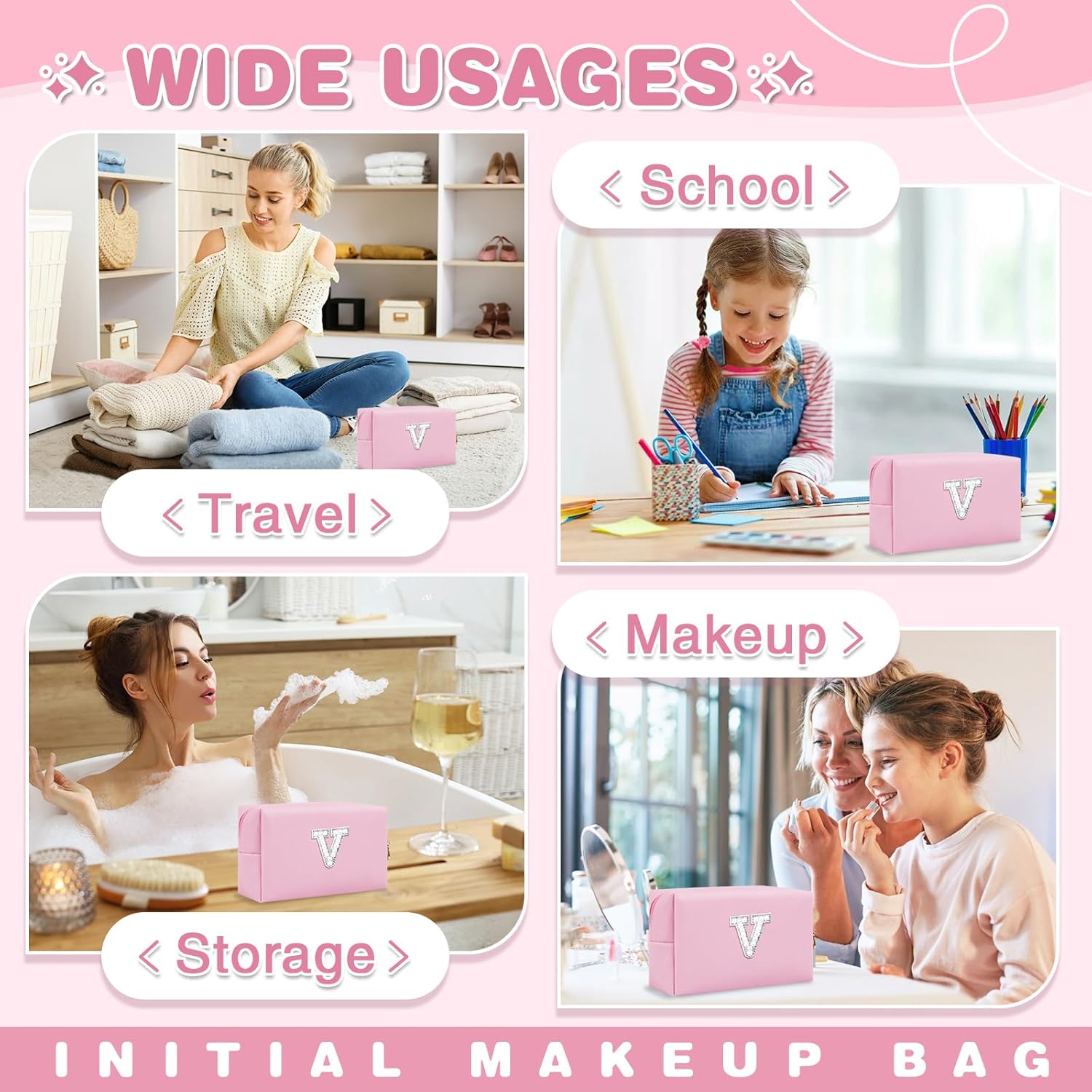 ChaoGreat Bride Gifts – Personalized Initial Makeup Bag with Pearl Rhinestone Patch, Preppy Pink