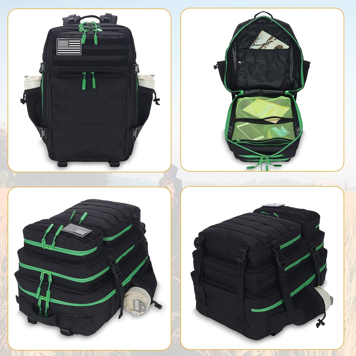 25L Tactical Military Backpack Small Travel Rucksack for Men and Women Assault Pack Bug Out Bag Molle Daypack Gym Backpack with Bottle Holder (Black Neon Green)