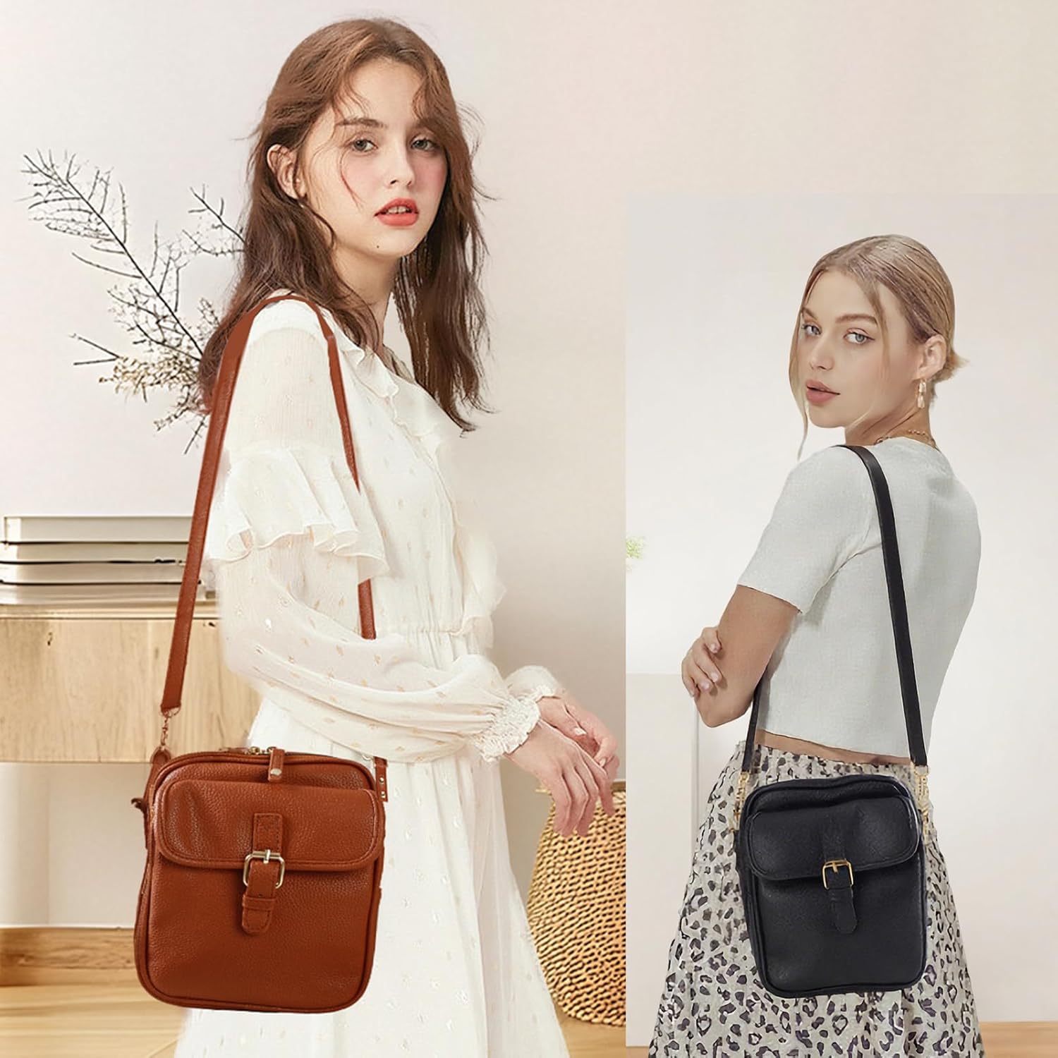 Leather Crossbody Bag for Women,Anti-Theft Messenger Bag with Large Capacity,Built-in Purse Card