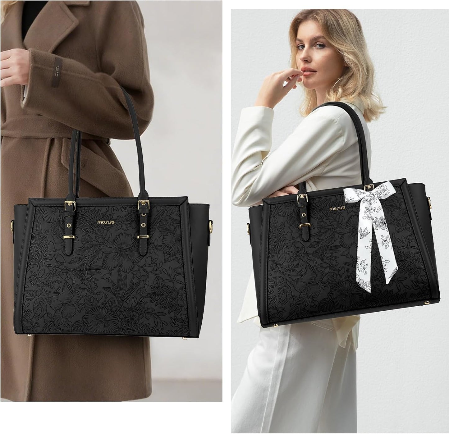 MOSISO Laptop Bag for Women, PU Leather Tote Bag, Front Embossed Retro Hibiscus Computer Bags with Silk Scarf&Clutch Purse