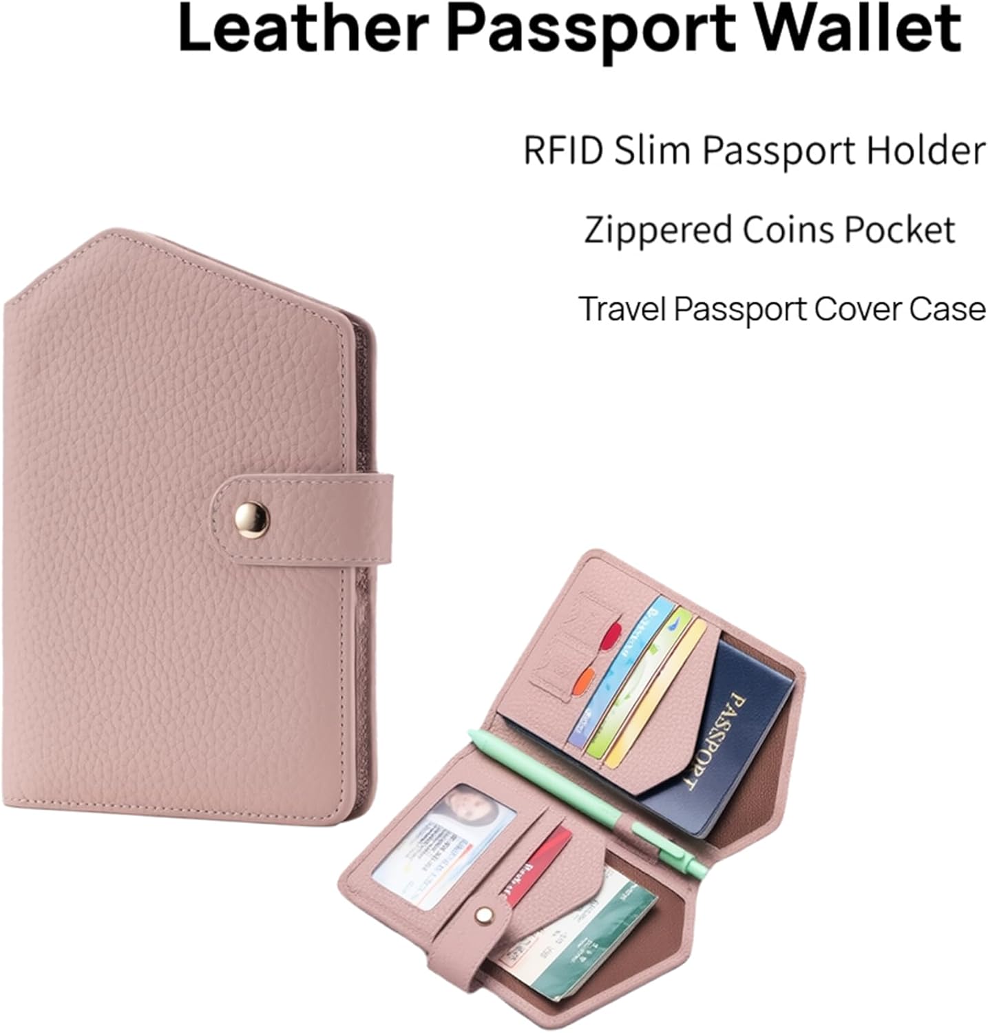 Cute RFID Passport Wallet for Women Leather Slim Passport Holder Travel Wallet Cover with Zipper Coin Purse, Credit Card, Sim and Tticket Slots (Pink)