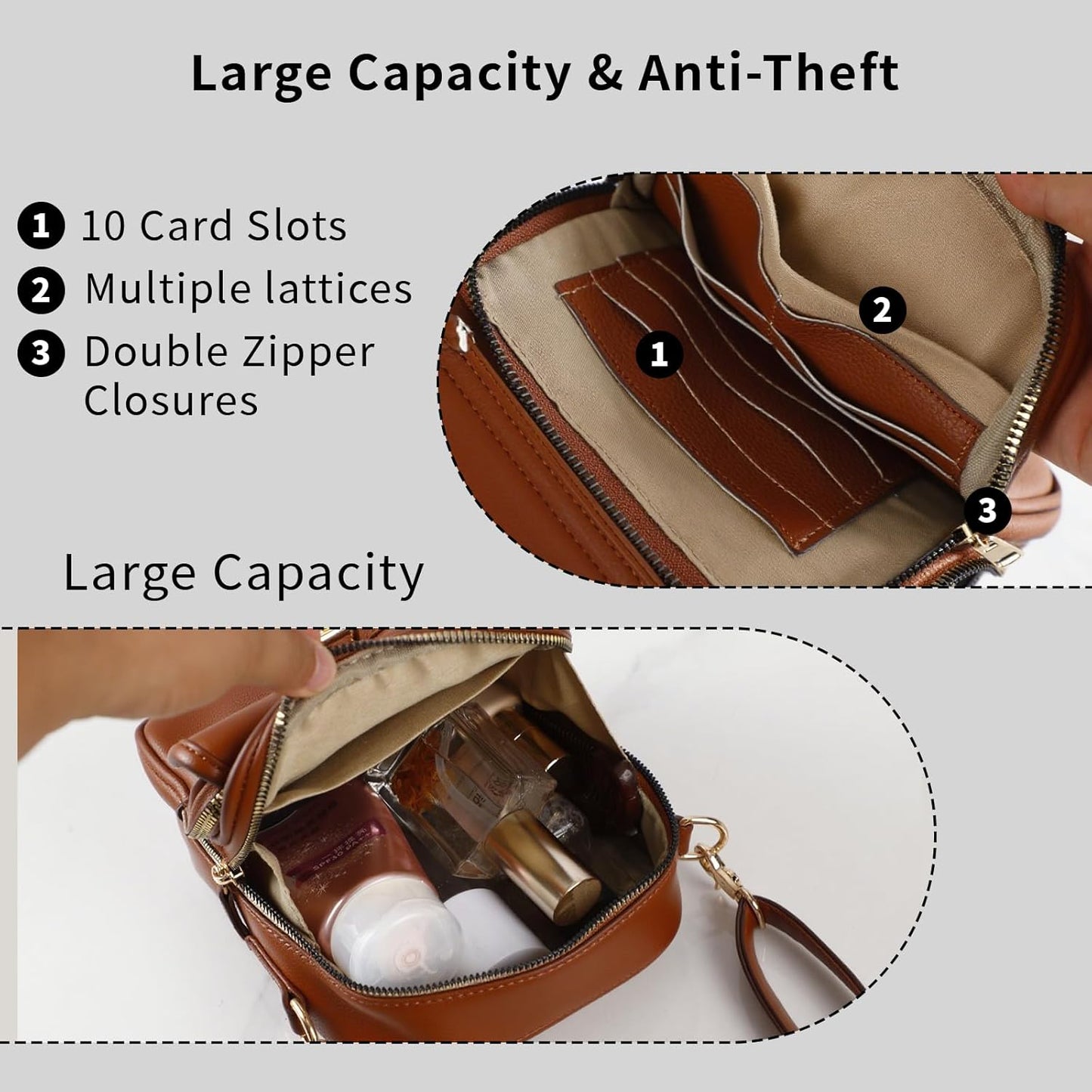 Leather Crossbody Bag for Women,Anti-Theft Messenger Bag with Large Capacity,Built-in Purse Card